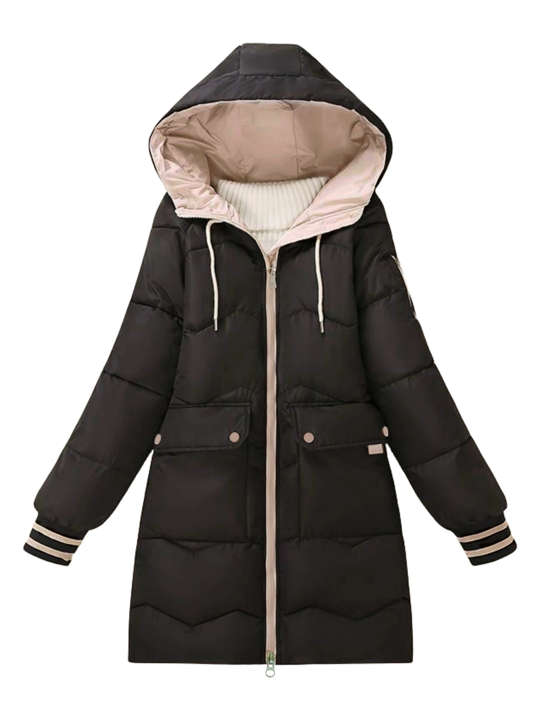 zip up color block hooded coat casual long sleeve winter warm outerwear womens clothing details 13