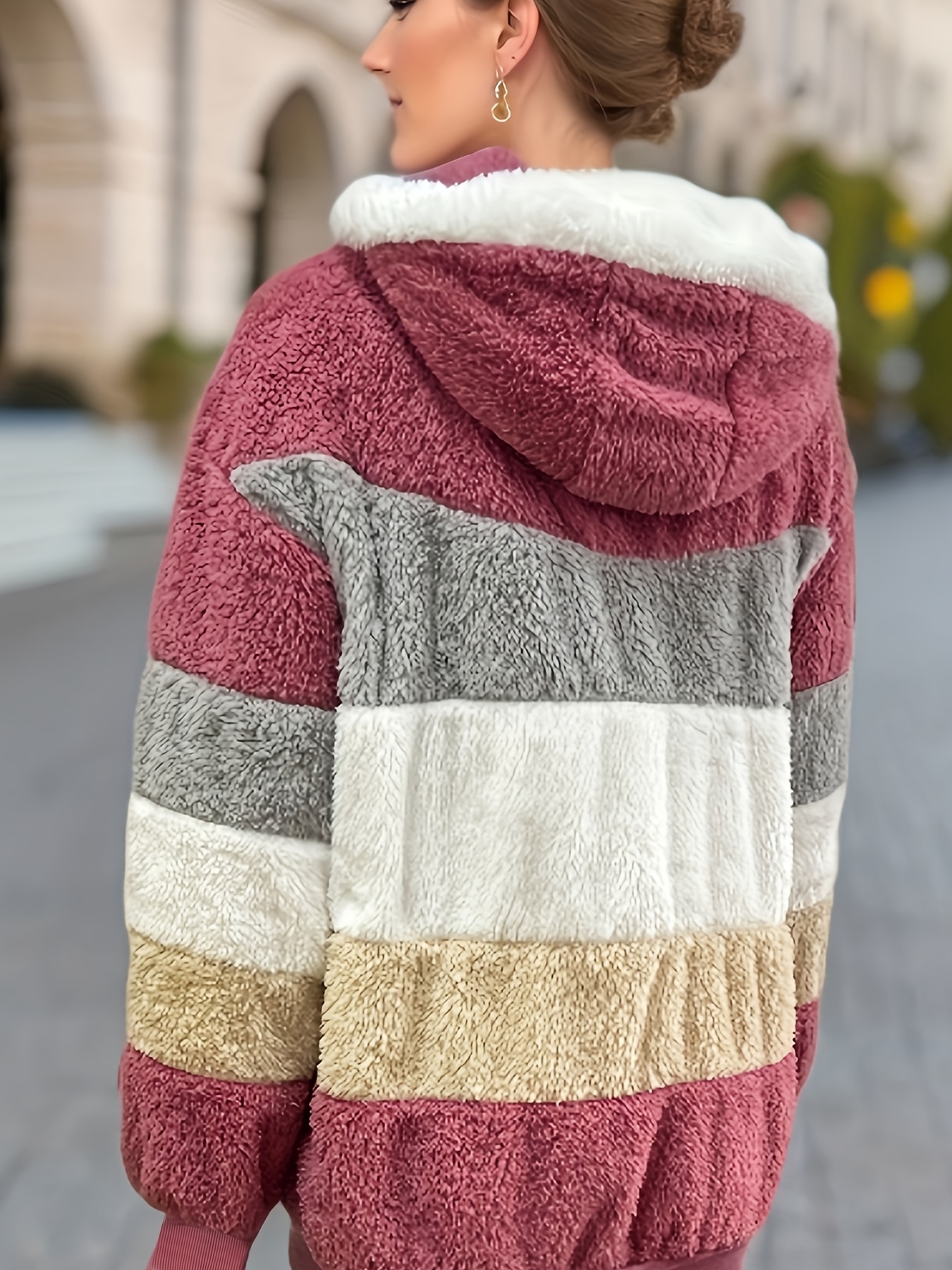 color block fuzzy hooded coat casual long sleeve winter warm outerwear womens clothing details 45