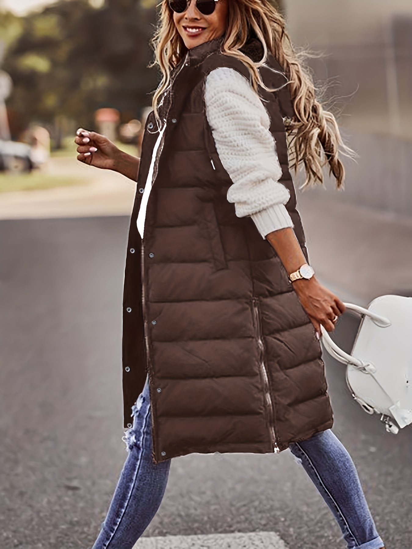 hooded sleeveless coat casual long length versatile winter warm outerwear womens clothing details 9