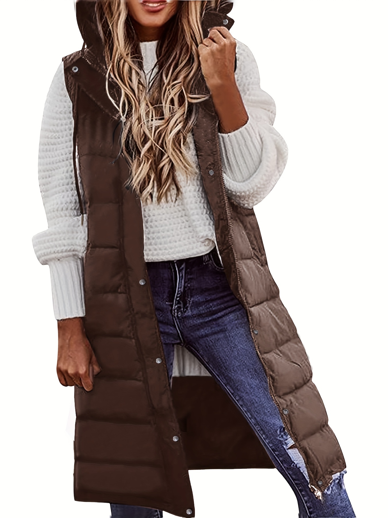 hooded sleeveless coat casual long length versatile winter warm outerwear womens clothing details 11