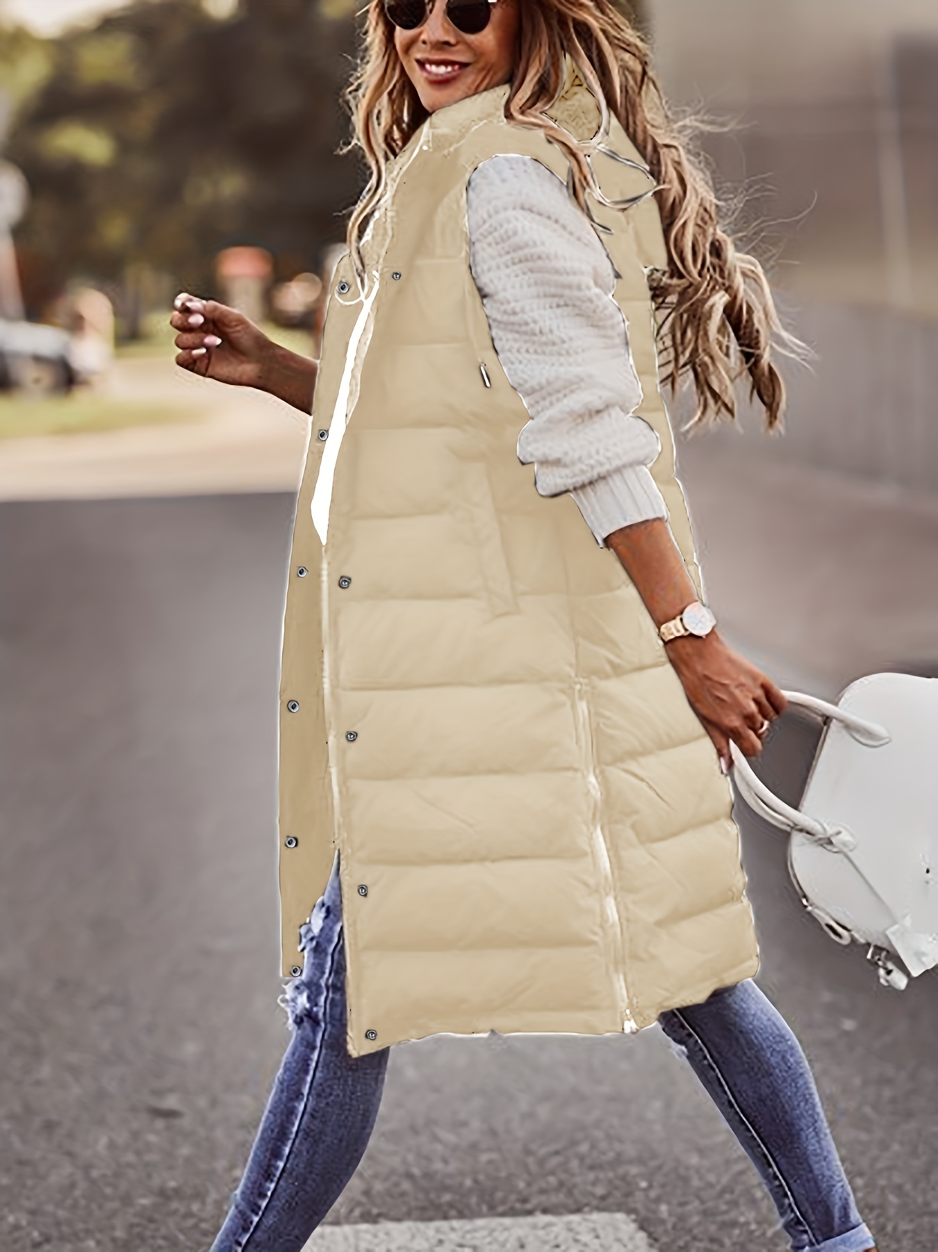 hooded sleeveless coat casual long length versatile winter warm outerwear womens clothing details 25