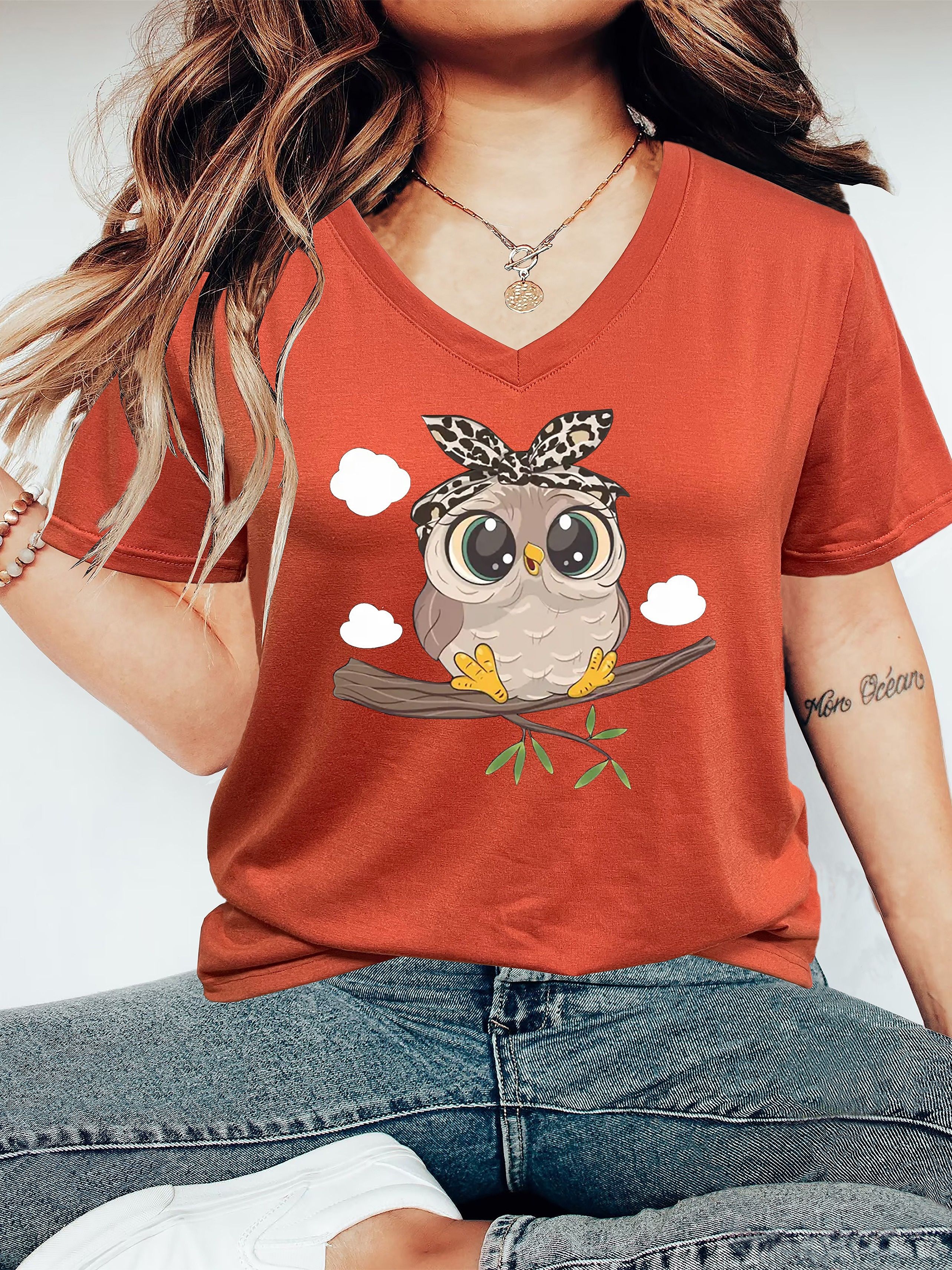 cute owl print v neck t shirt, cute owl print v neck t shirt casual short sleeve t shirt for spring summer womens clothing details 5