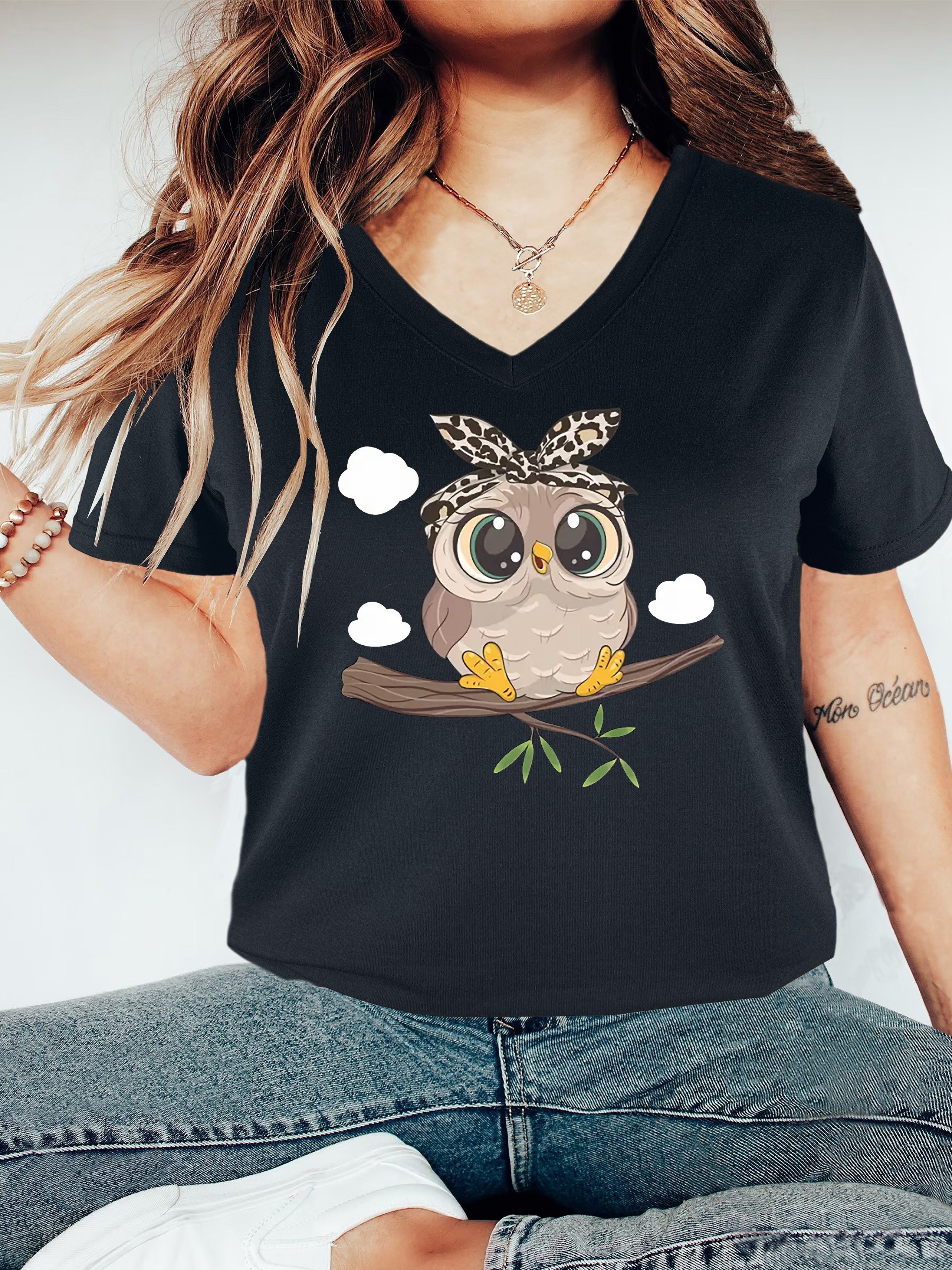 cute owl print v neck t shirt, cute owl print v neck t shirt casual short sleeve t shirt for spring summer womens clothing details 15