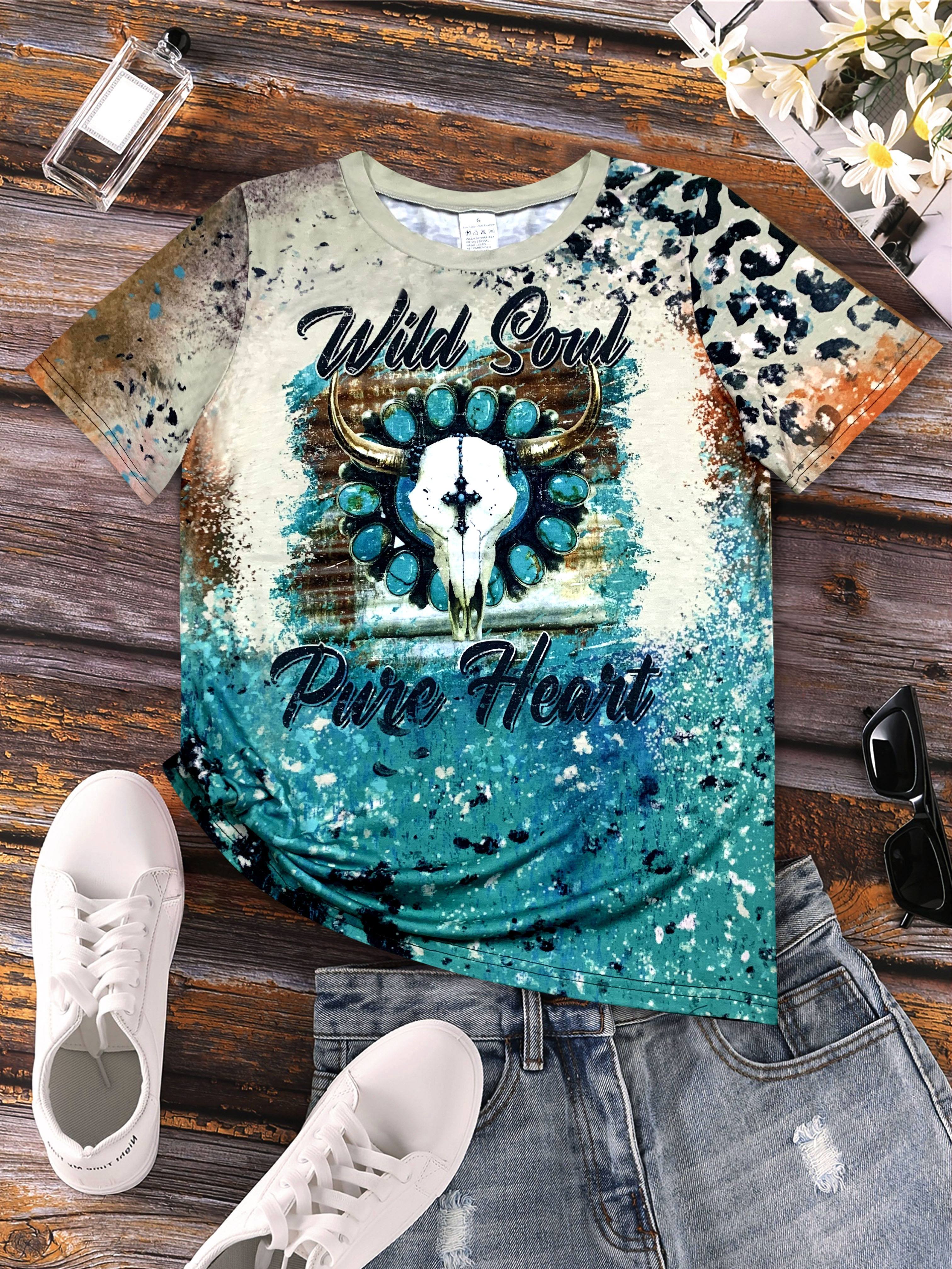 cow skull letter print vintage t shirt crew neck short sleeve top for spring summer womens clothing details 1