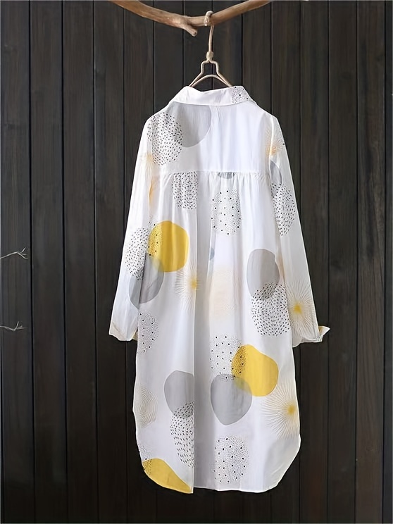 allover print button front blouse, allover print button front blouse casual long sleeve thigh length blouse for spring fall womens clothing details 1