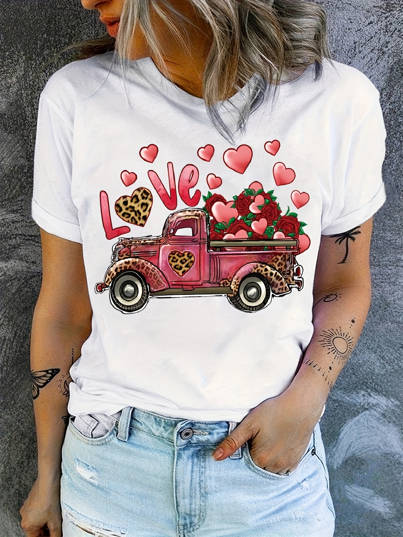 valentines day print t shirt casual crew neck short sleeve top for spring summer womens clothing details 0