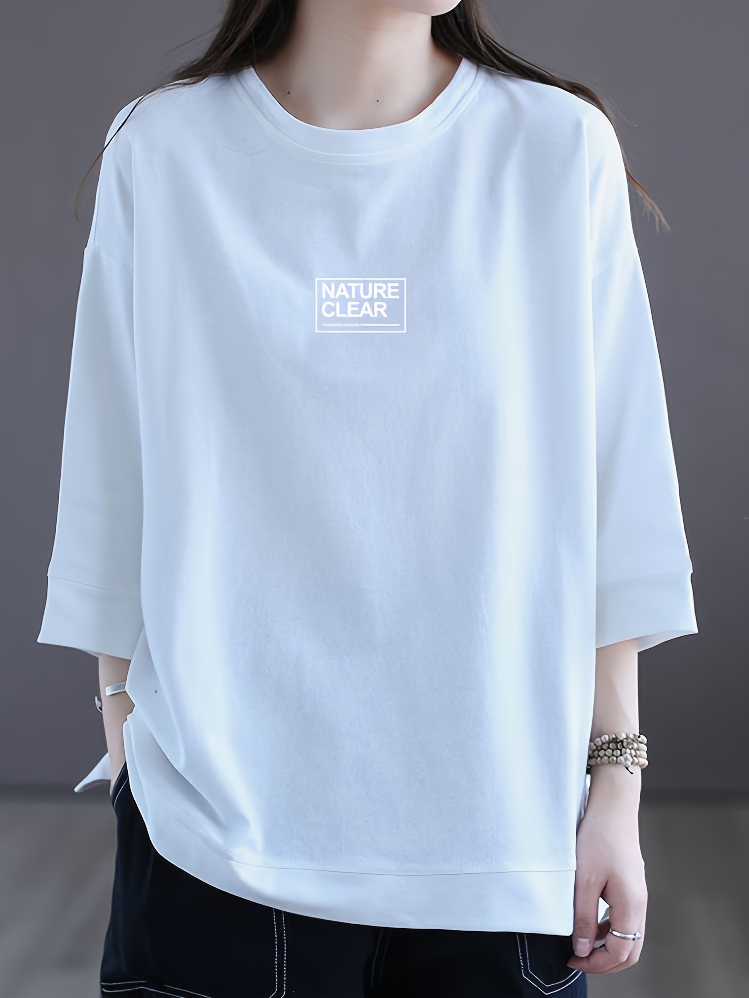 letter print simple t shirt casual drop shoulder 3 4 sleeve crew neck t shirt womens clothing details 5