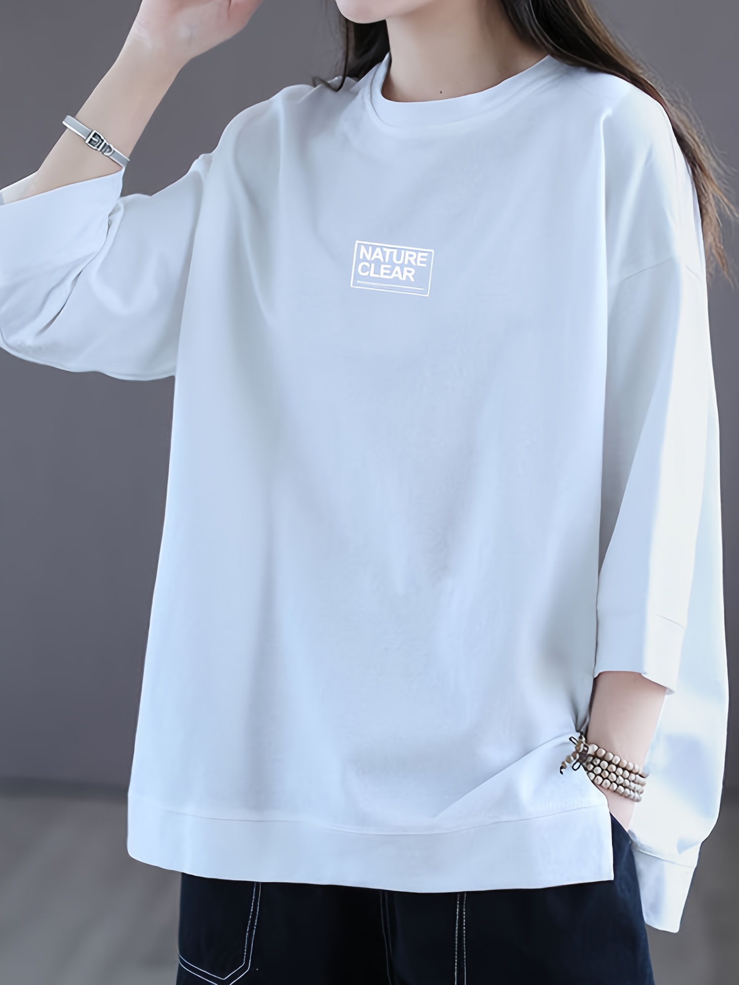 letter print simple t shirt casual drop shoulder 3 4 sleeve crew neck t shirt womens clothing details 7