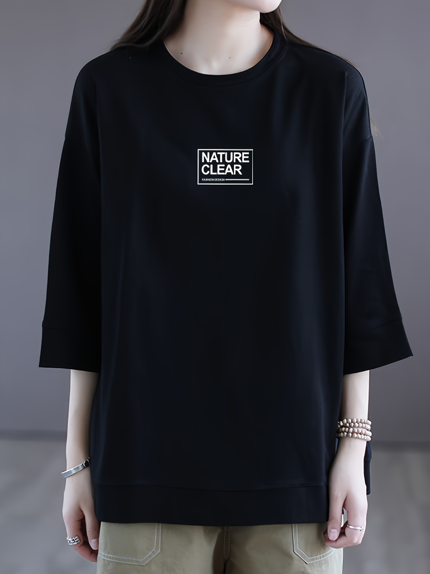 letter print simple t shirt casual drop shoulder 3 4 sleeve crew neck t shirt womens clothing details 8