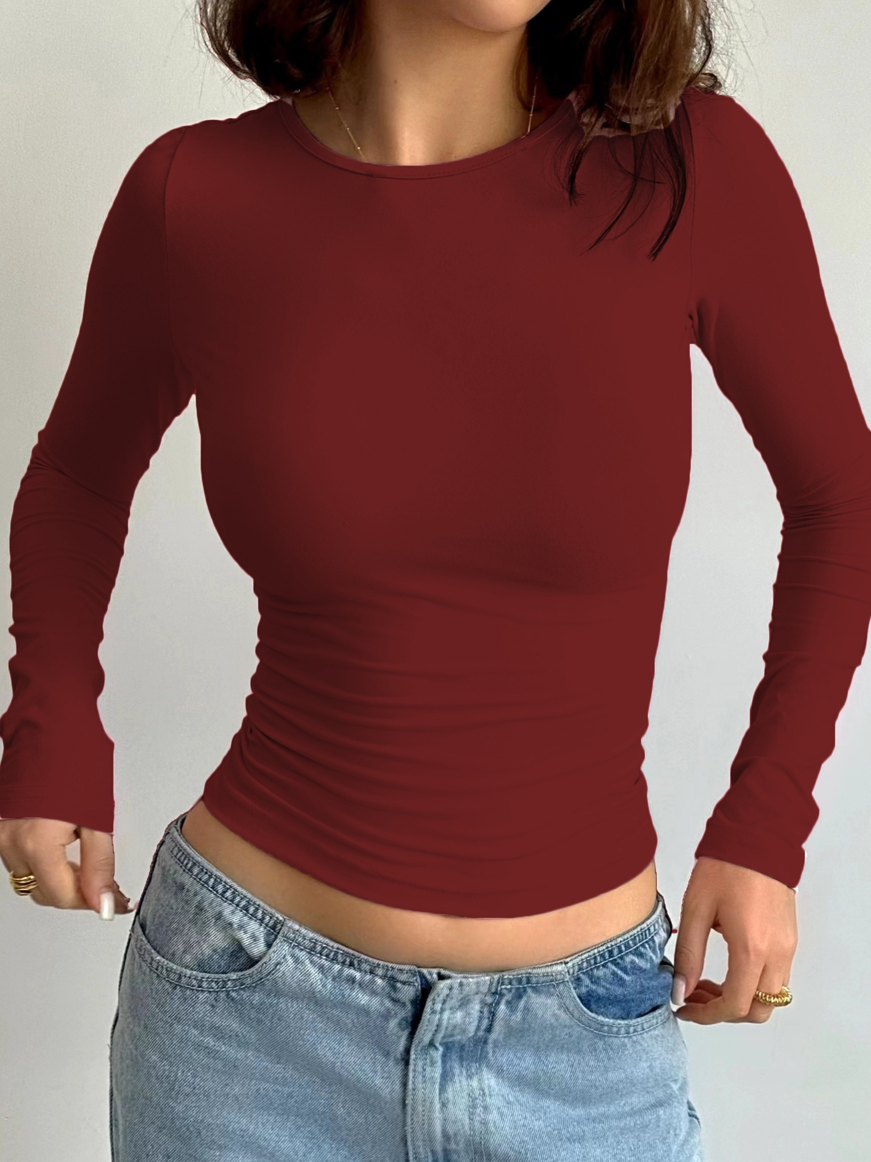 solid crew neck t shirt casual long sleeve top for spring fall womens clothing details 34