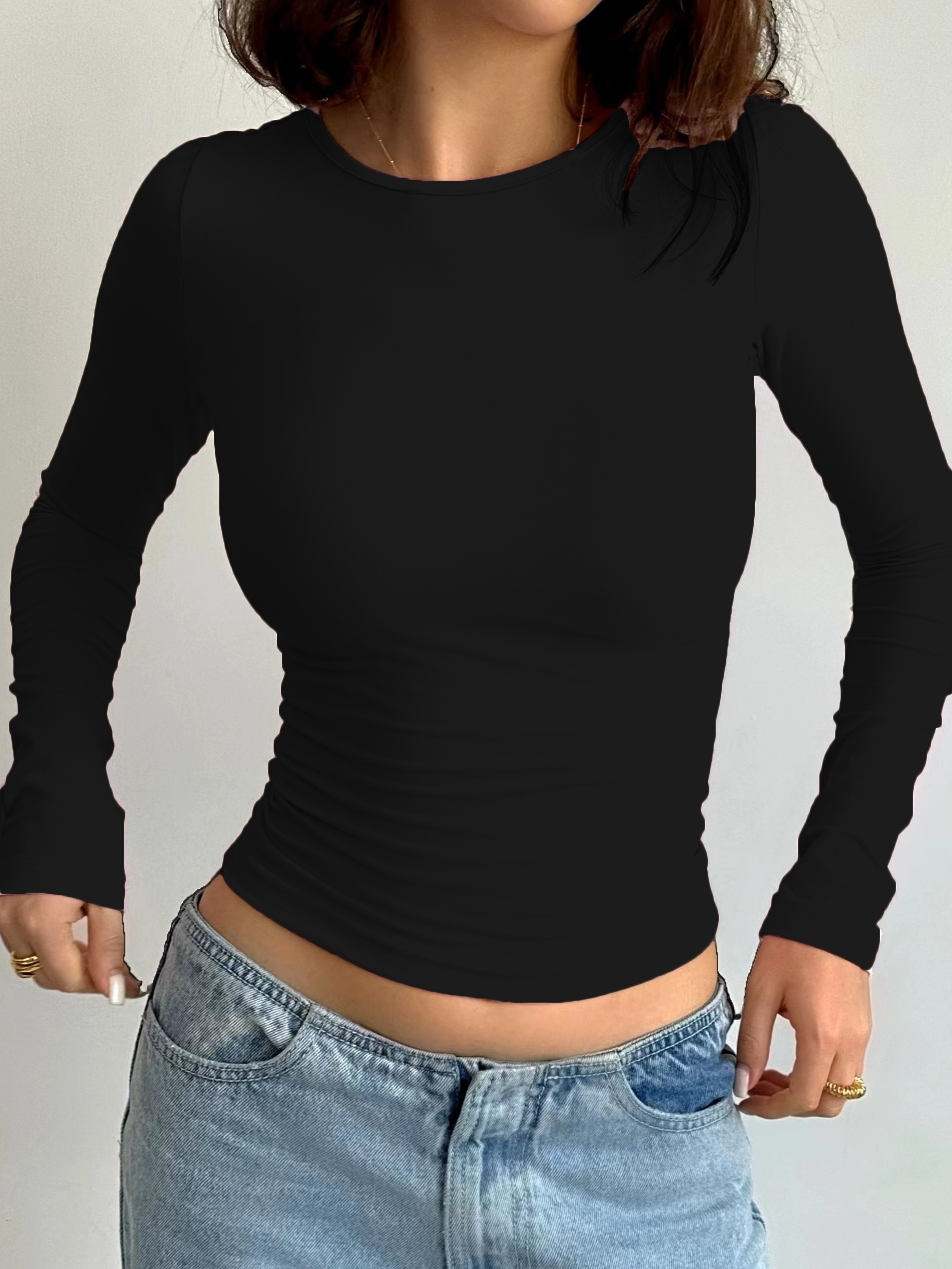 solid crew neck t shirt casual long sleeve top for spring fall womens clothing details 42