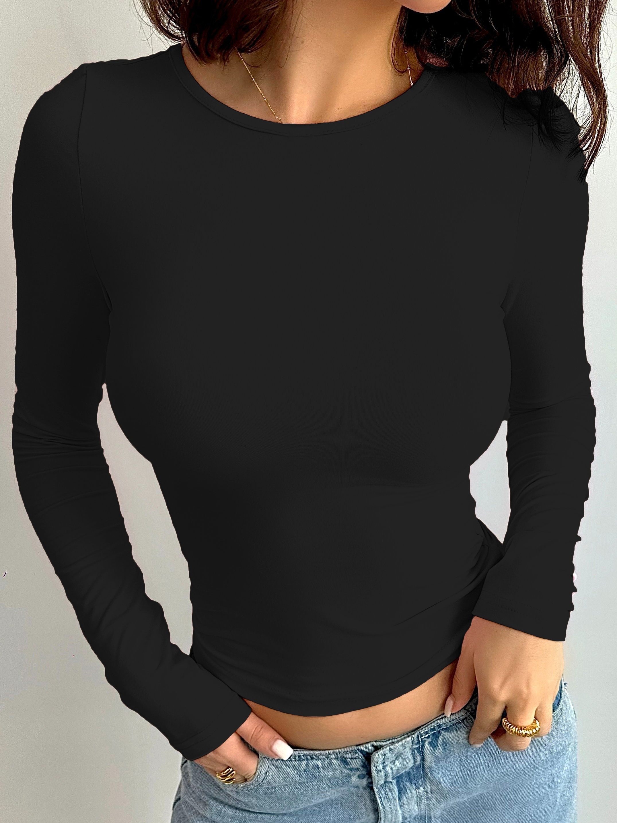 solid crew neck t shirt casual long sleeve top for spring fall womens clothing details 43