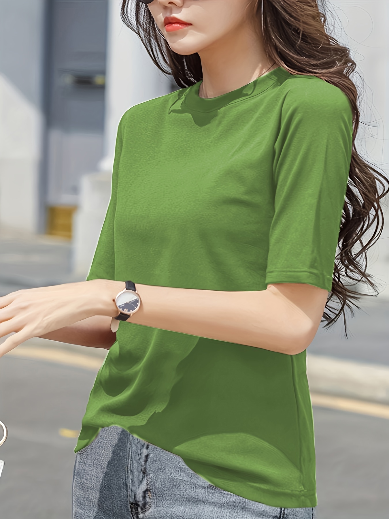 short sleeve crew neck t shirt casual top for summer spring womens clothing details 12