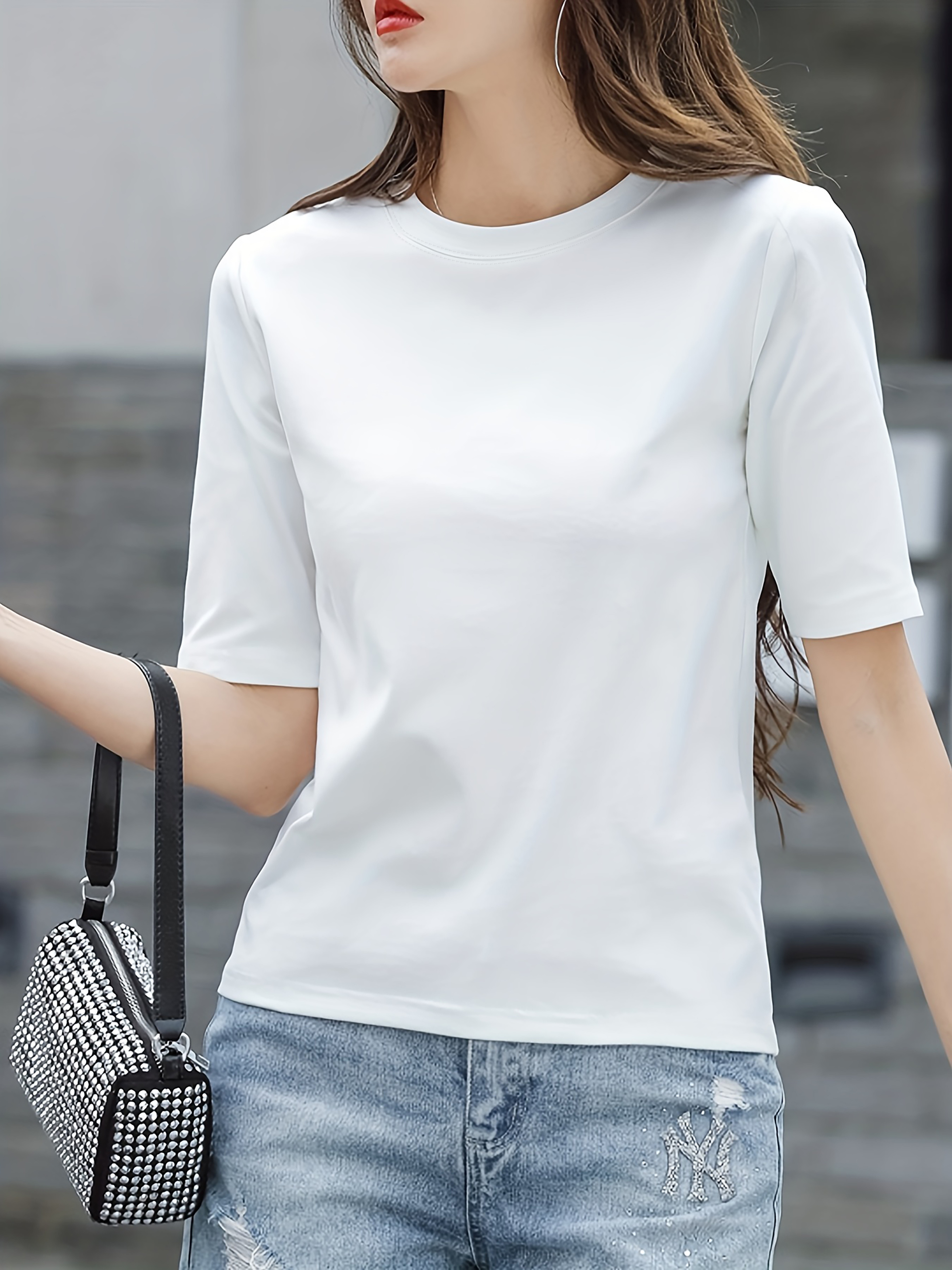 short sleeve crew neck t shirt casual top for summer spring womens clothing details 17