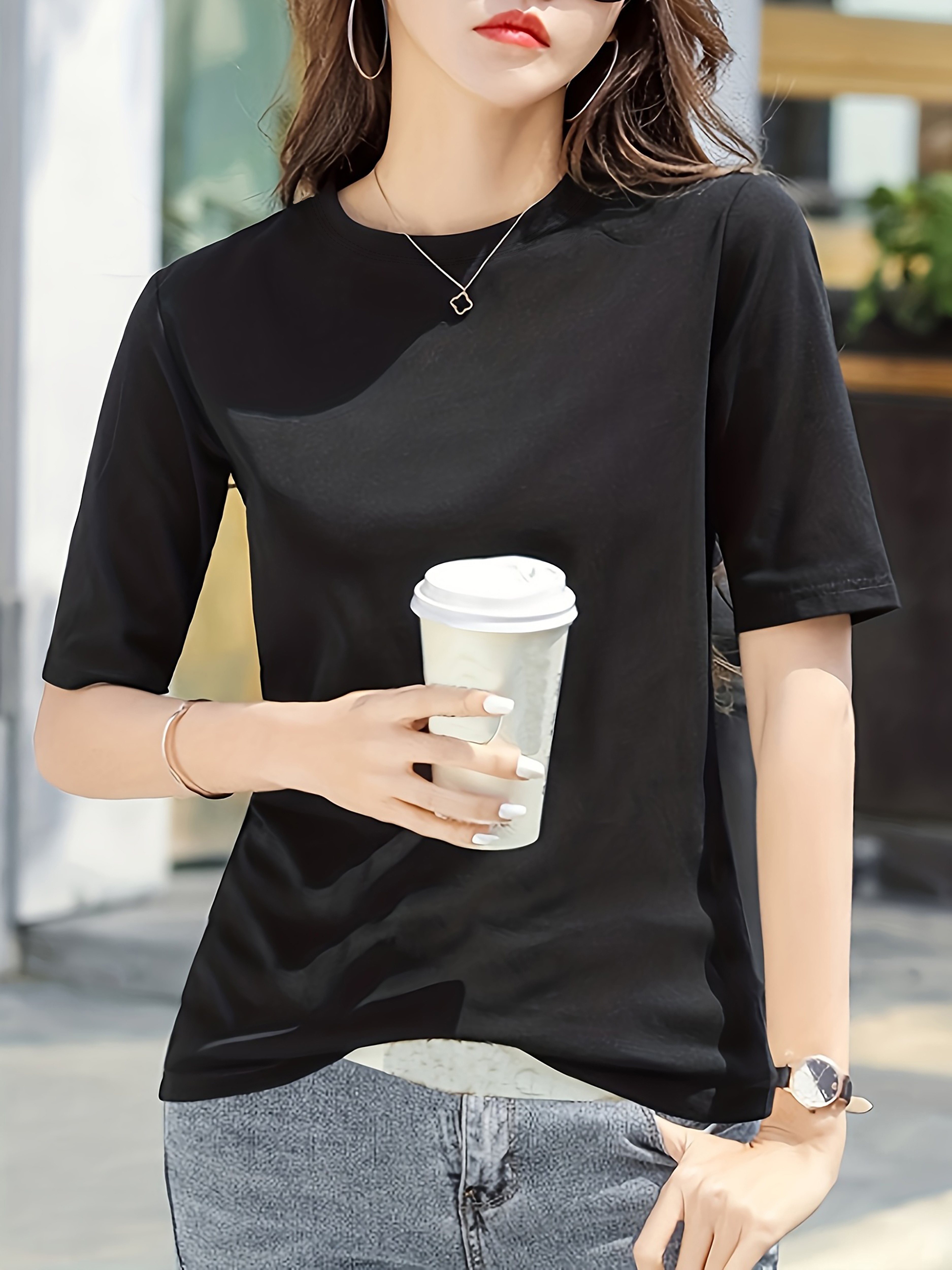 short sleeve crew neck t shirt casual top for summer spring womens clothing details 22