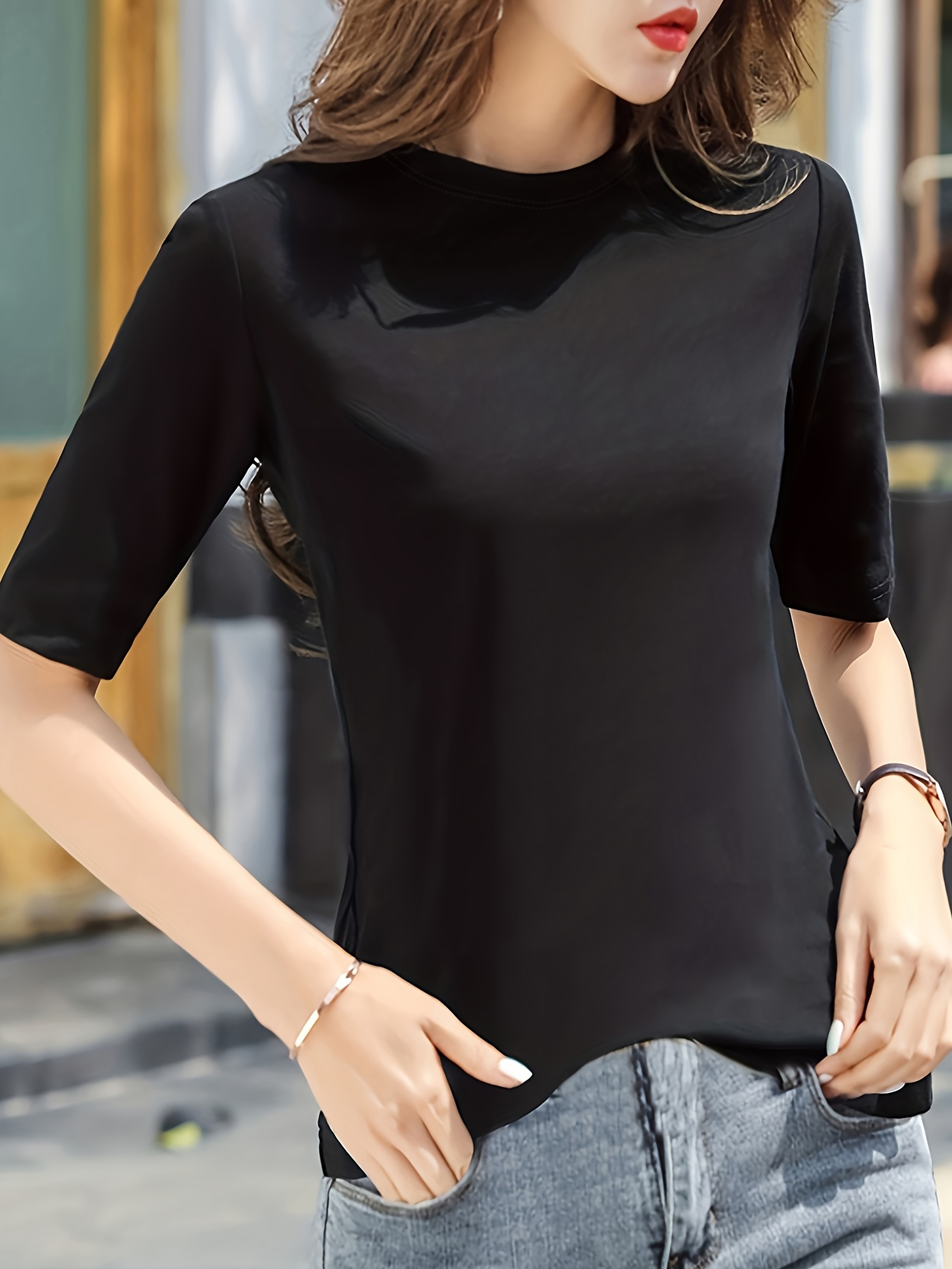 short sleeve crew neck t shirt casual top for summer spring womens clothing details 23