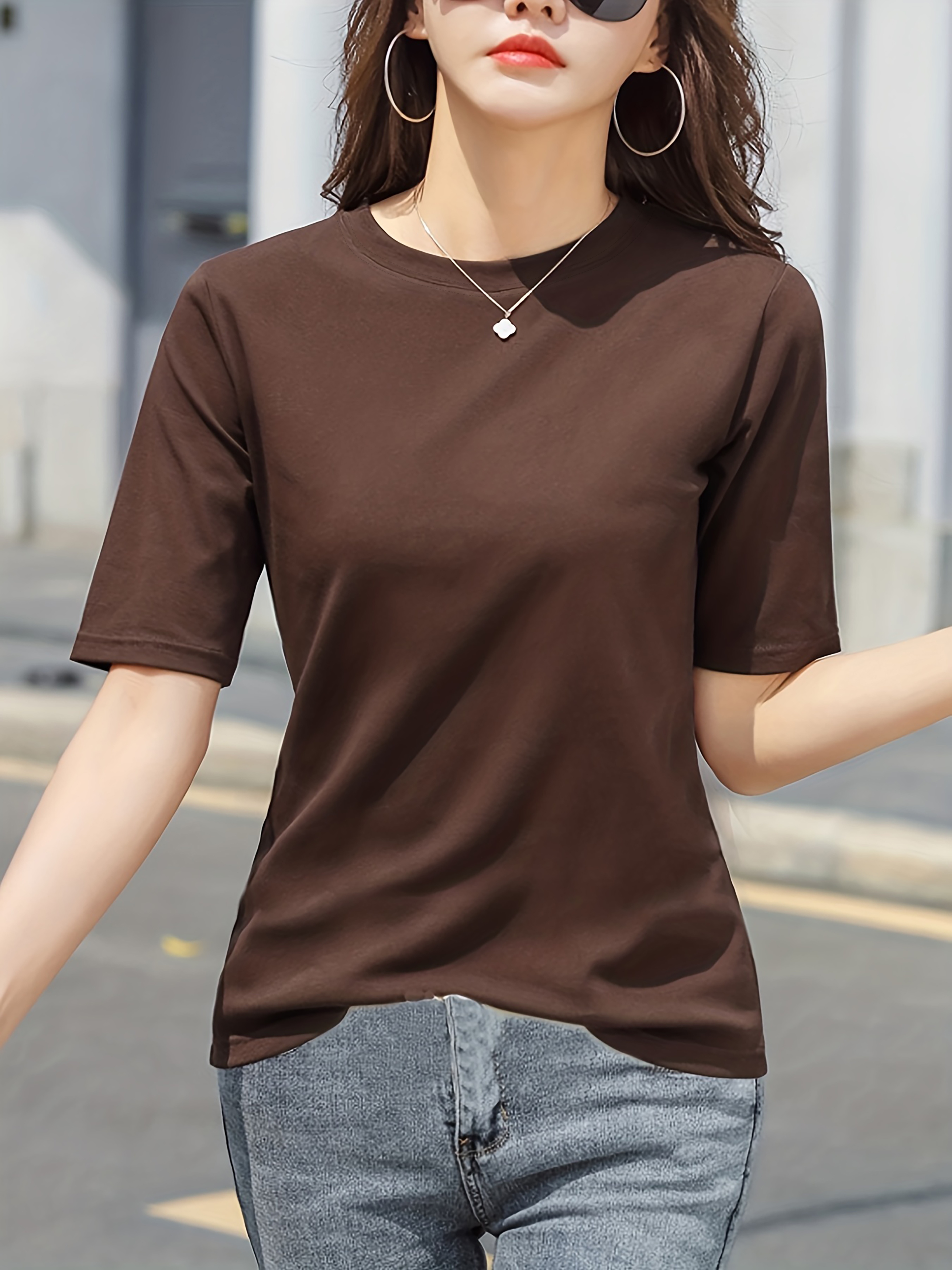 short sleeve crew neck t shirt casual top for summer spring womens clothing details 28