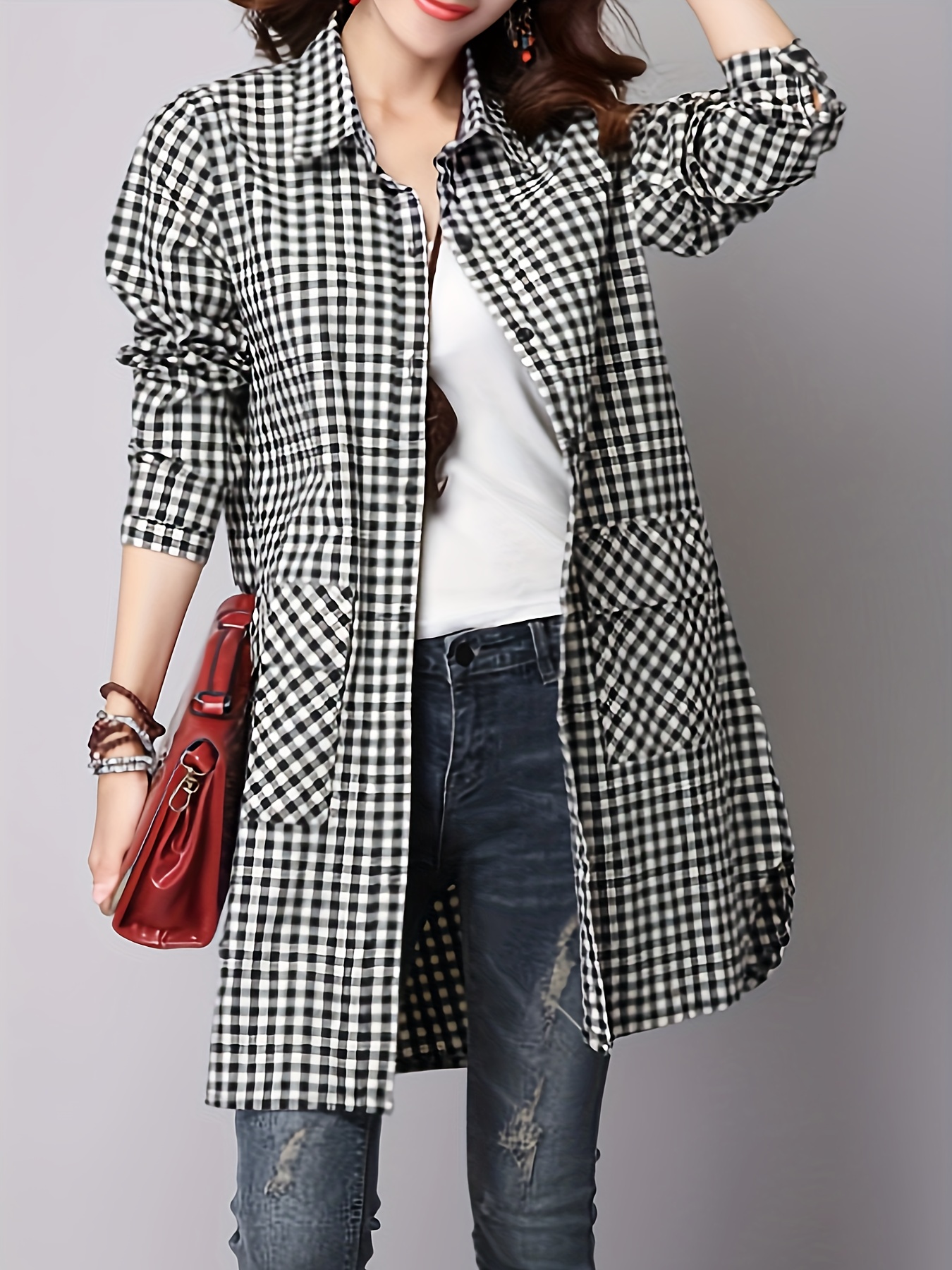 button front long top casual long sleeve long shirt womens clothing details 0