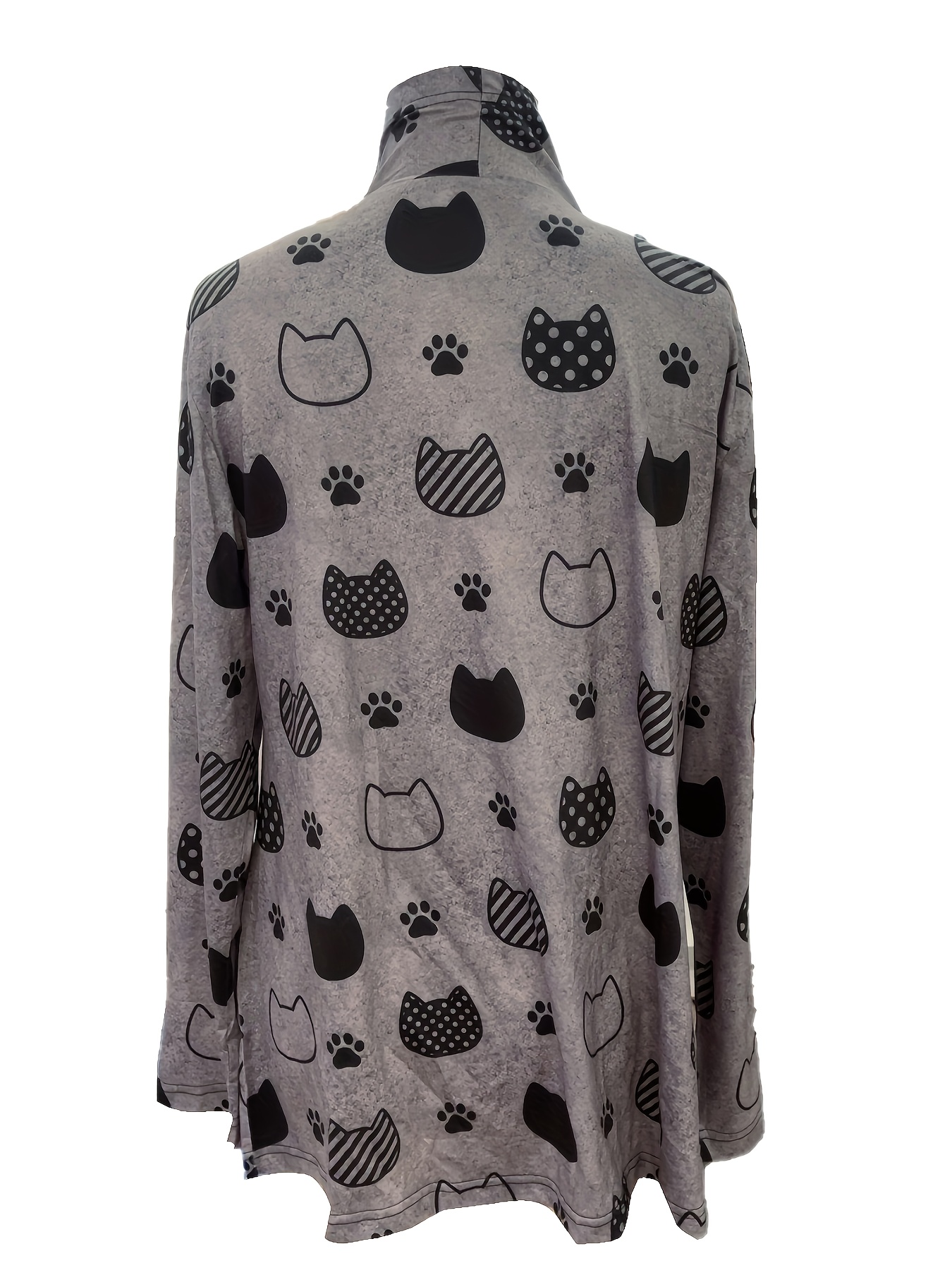 cute cat print open front cardigan casual long sleeve outerwear womens clothing details 0