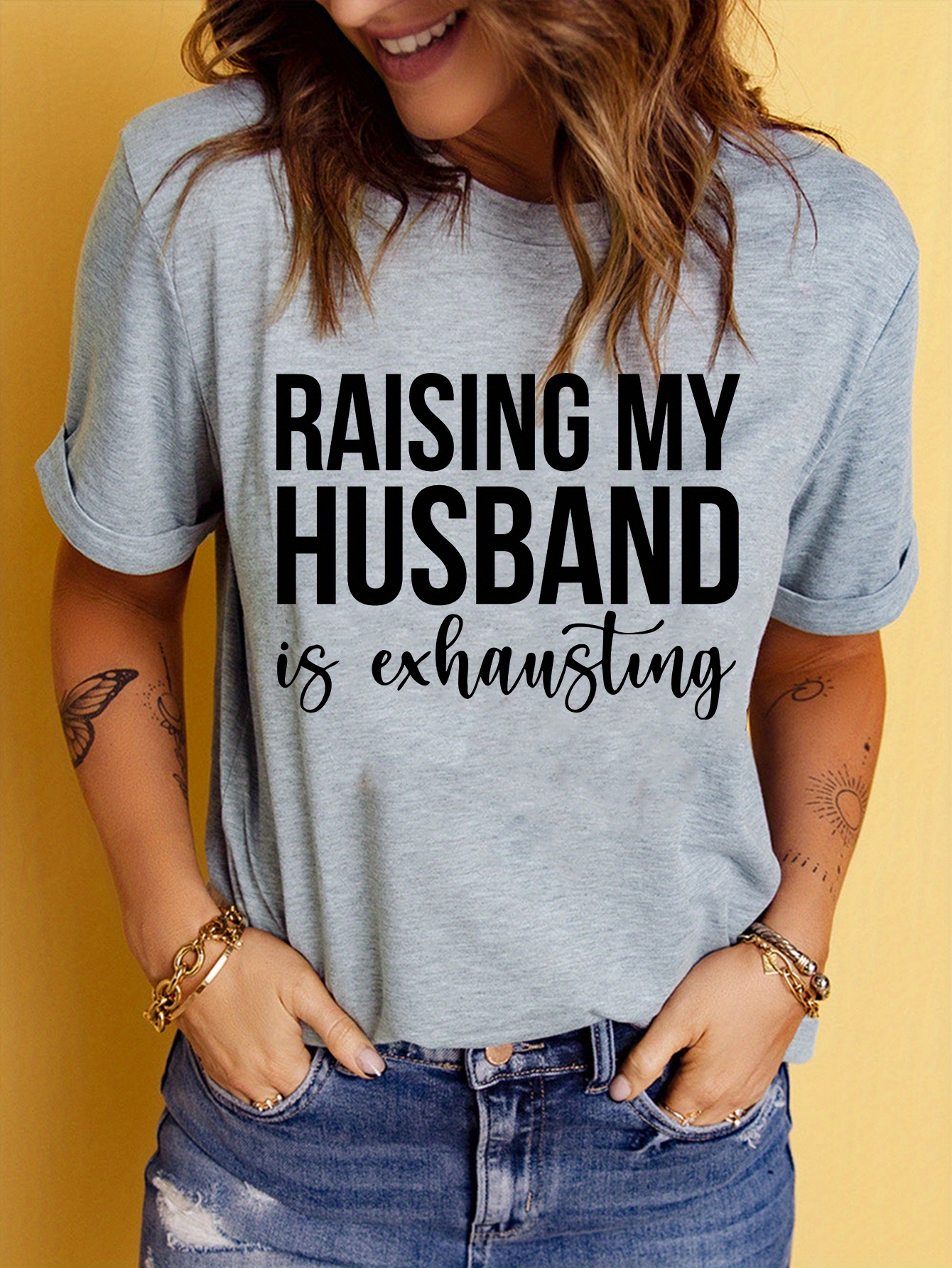 raising my husband print t shirt short sleeve crew neck casual top for summer spring womens clothing details 4