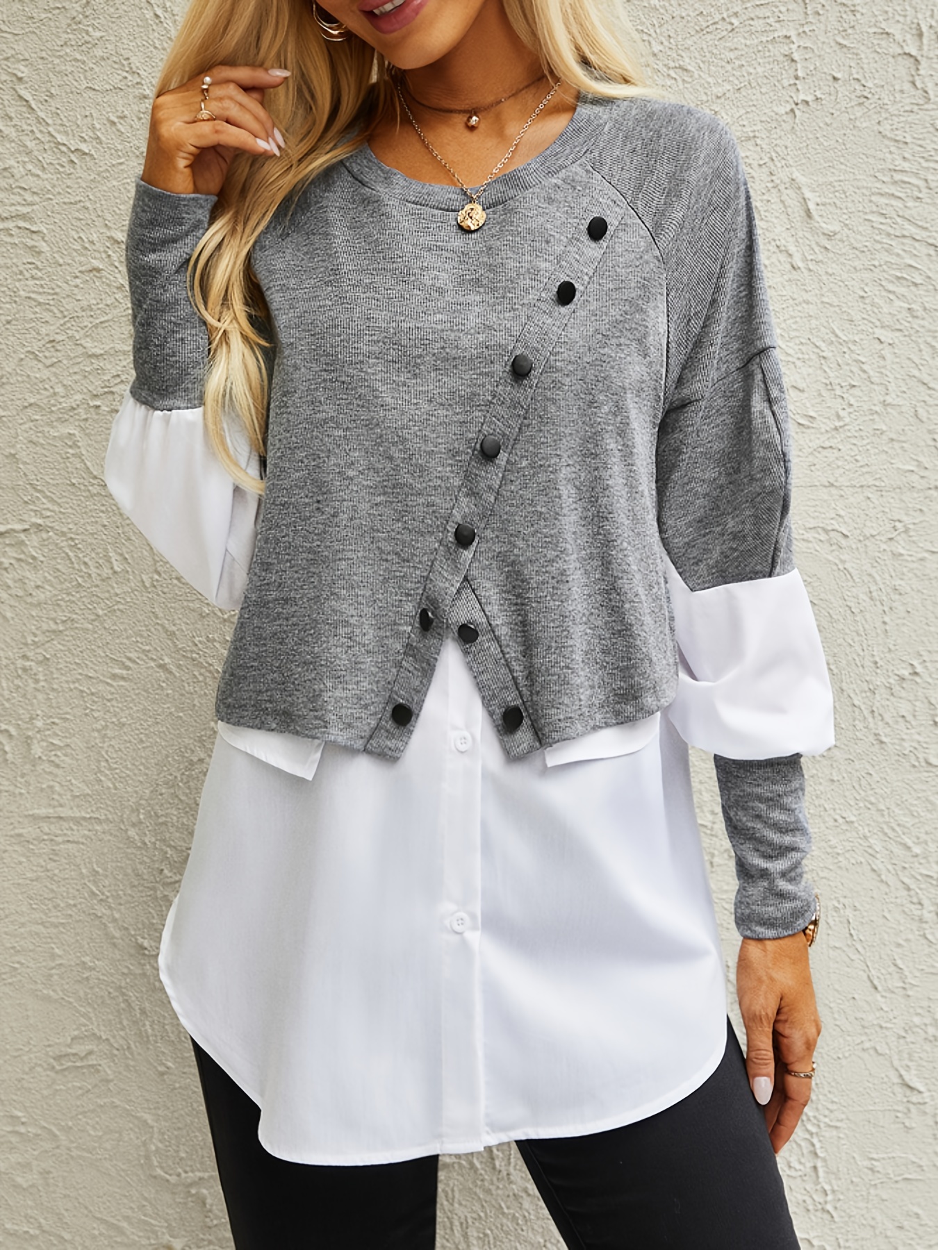 asymmetrical t shirt, colorblock button decor asymmetrical t shirt casual paneled long sleeve top for spring fall womens clothing details 5