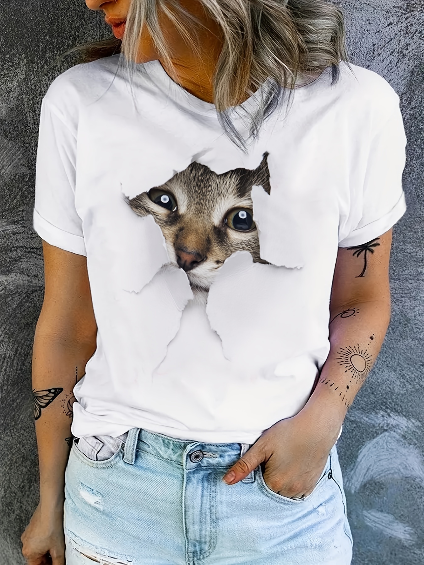 cute cat print t shirt crew neck short sleeve t shirt casual every day tops womens clothing details 5