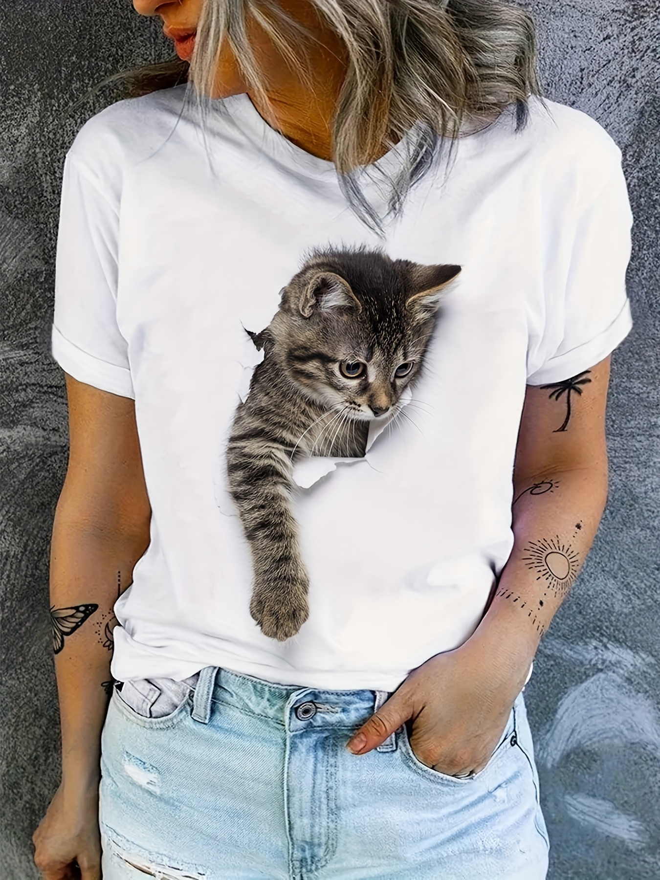 cute cat print t shirt crew neck short sleeve t shirt casual every day tops womens clothing details 26