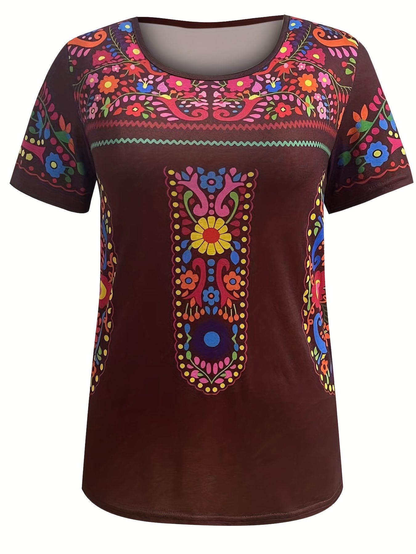 boho floral print t shirt ethnic crew neck short sleeve summer t shirt womens clothing details 2