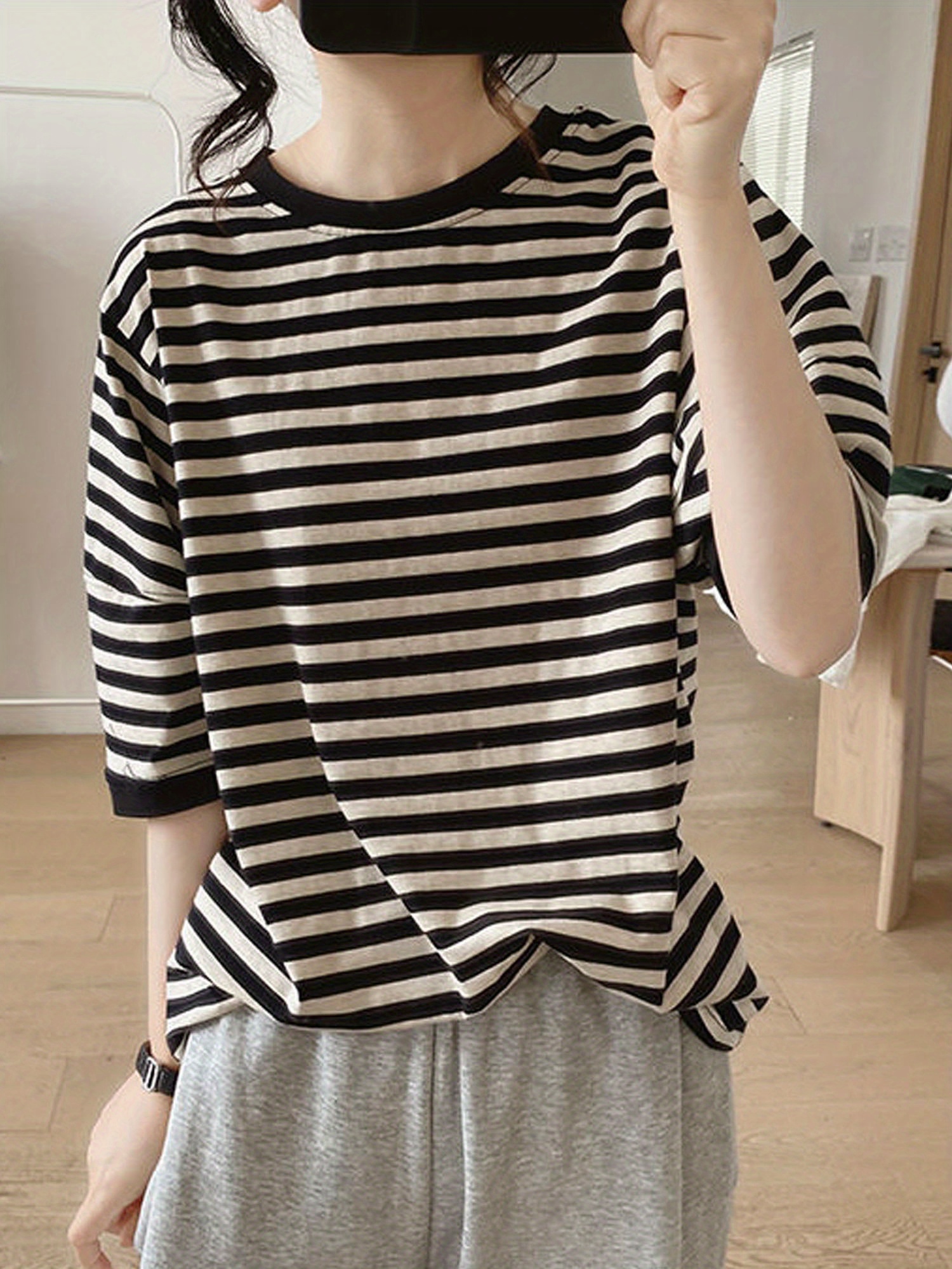 crew neck striped t shirt random print casual top for summer spring womens clothing details 2