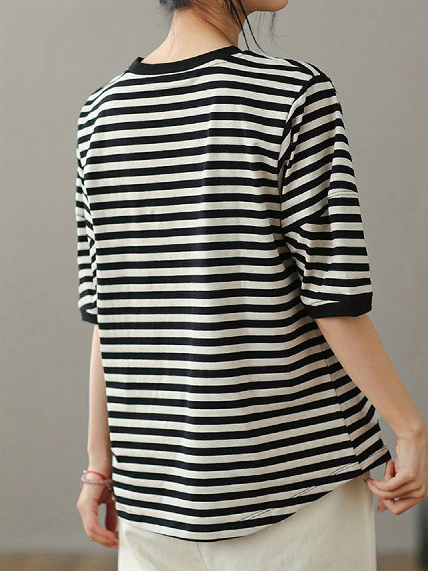 crew neck striped t shirt random print casual top for summer spring womens clothing details 4