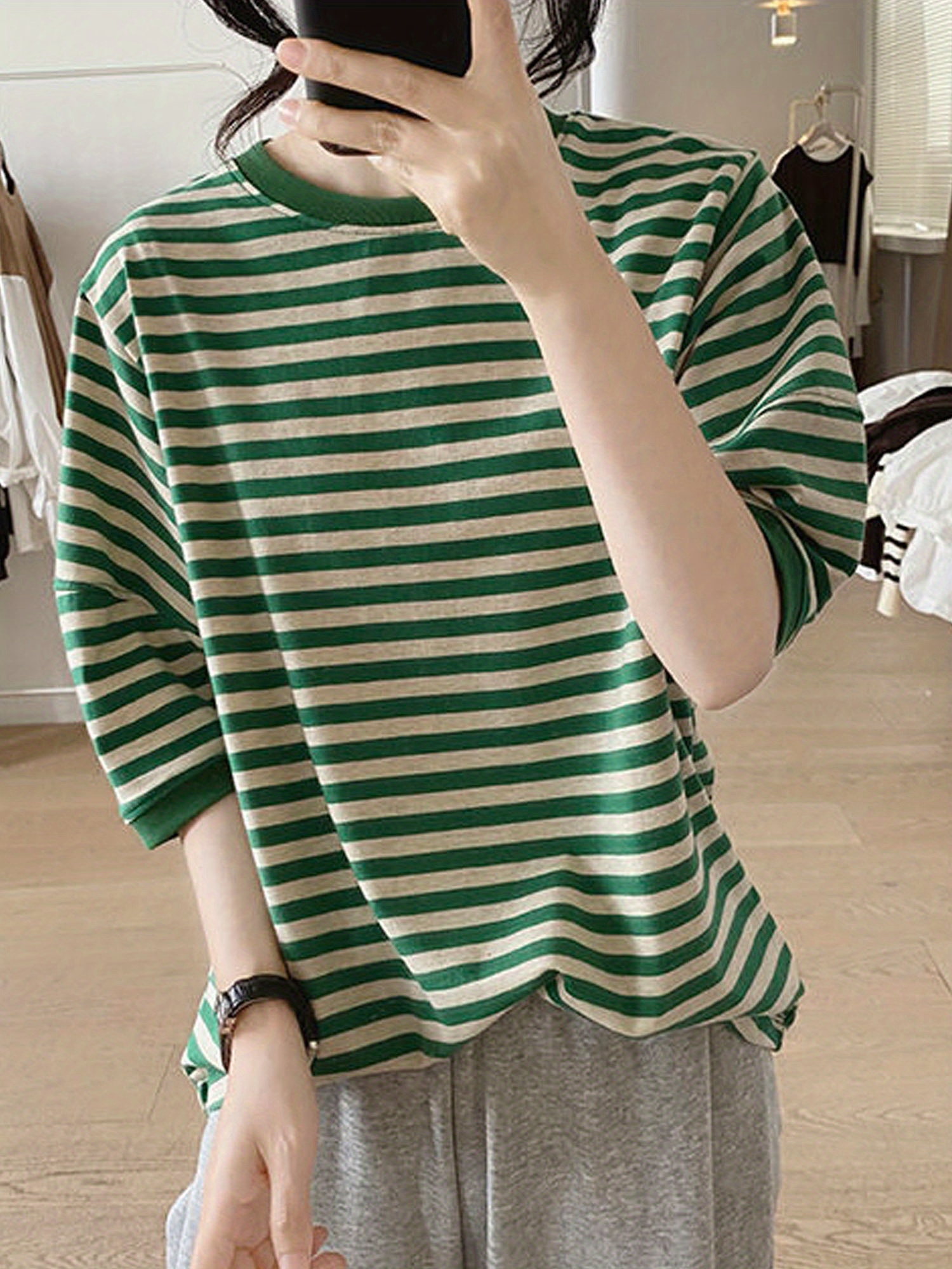 crew neck striped t shirt random print casual top for summer spring womens clothing details 9