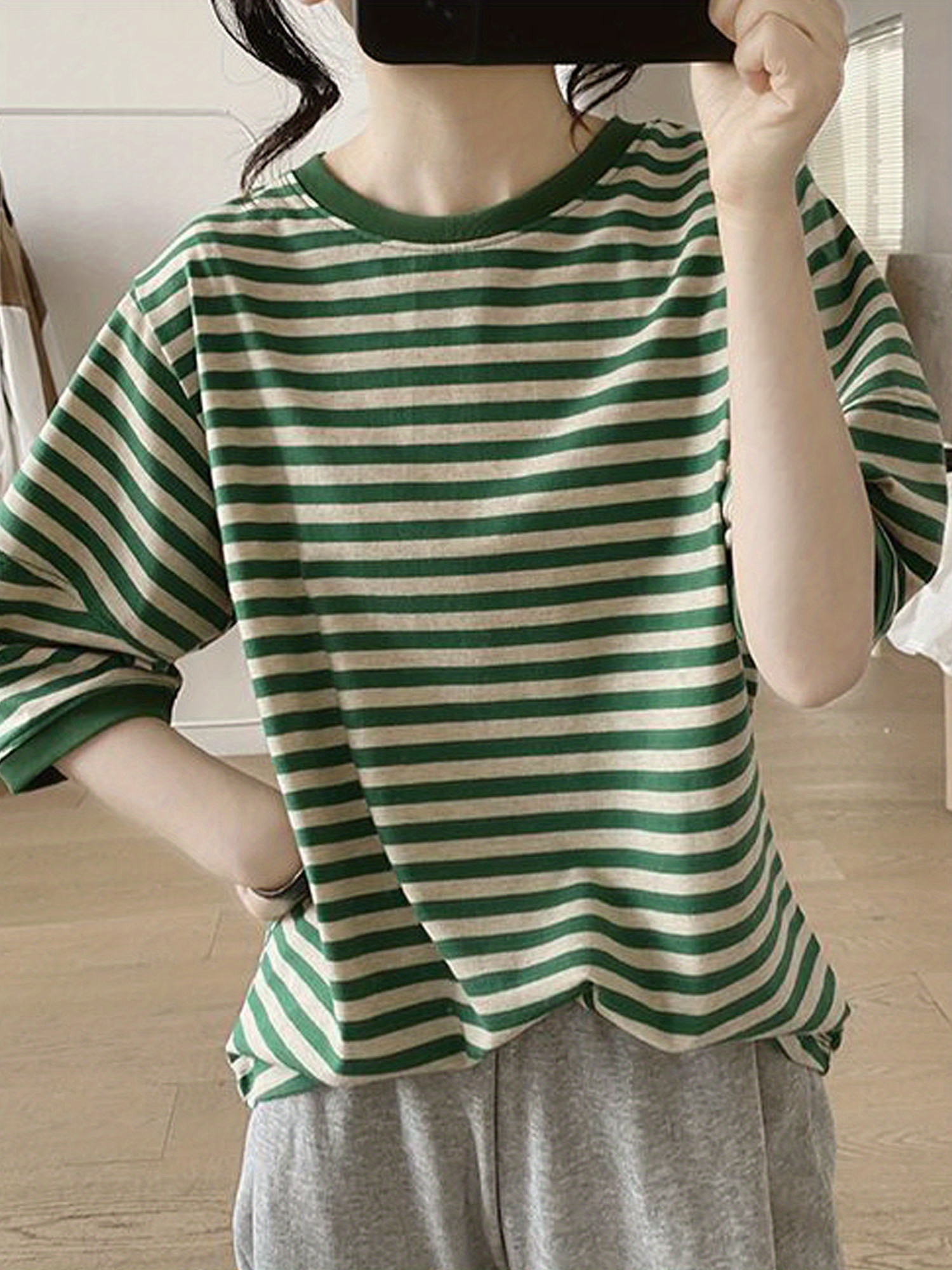 crew neck striped t shirt random print casual top for summer spring womens clothing details 10