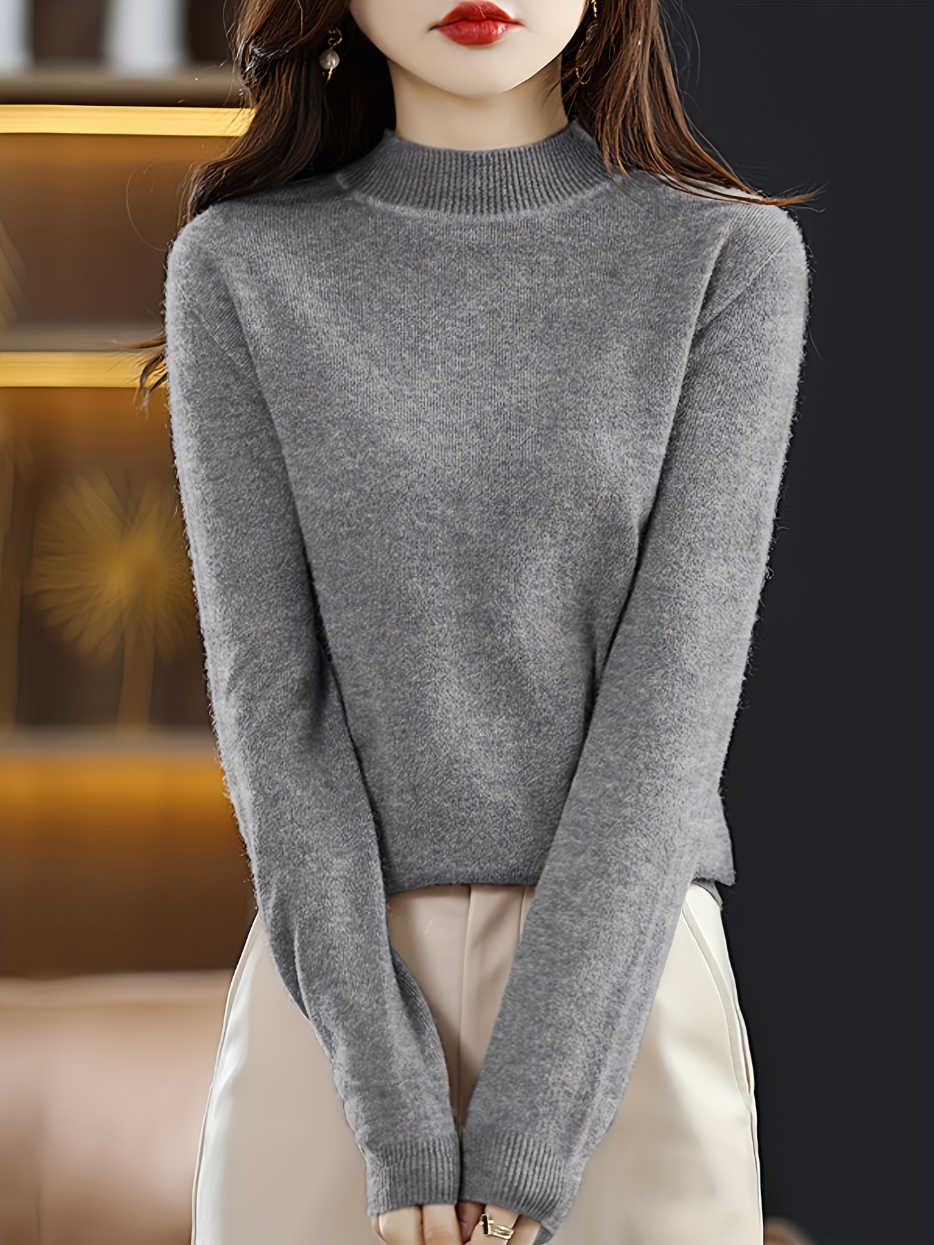 solid mock neck knit sweater casual long sleeve simple sweater womens clothing details 2