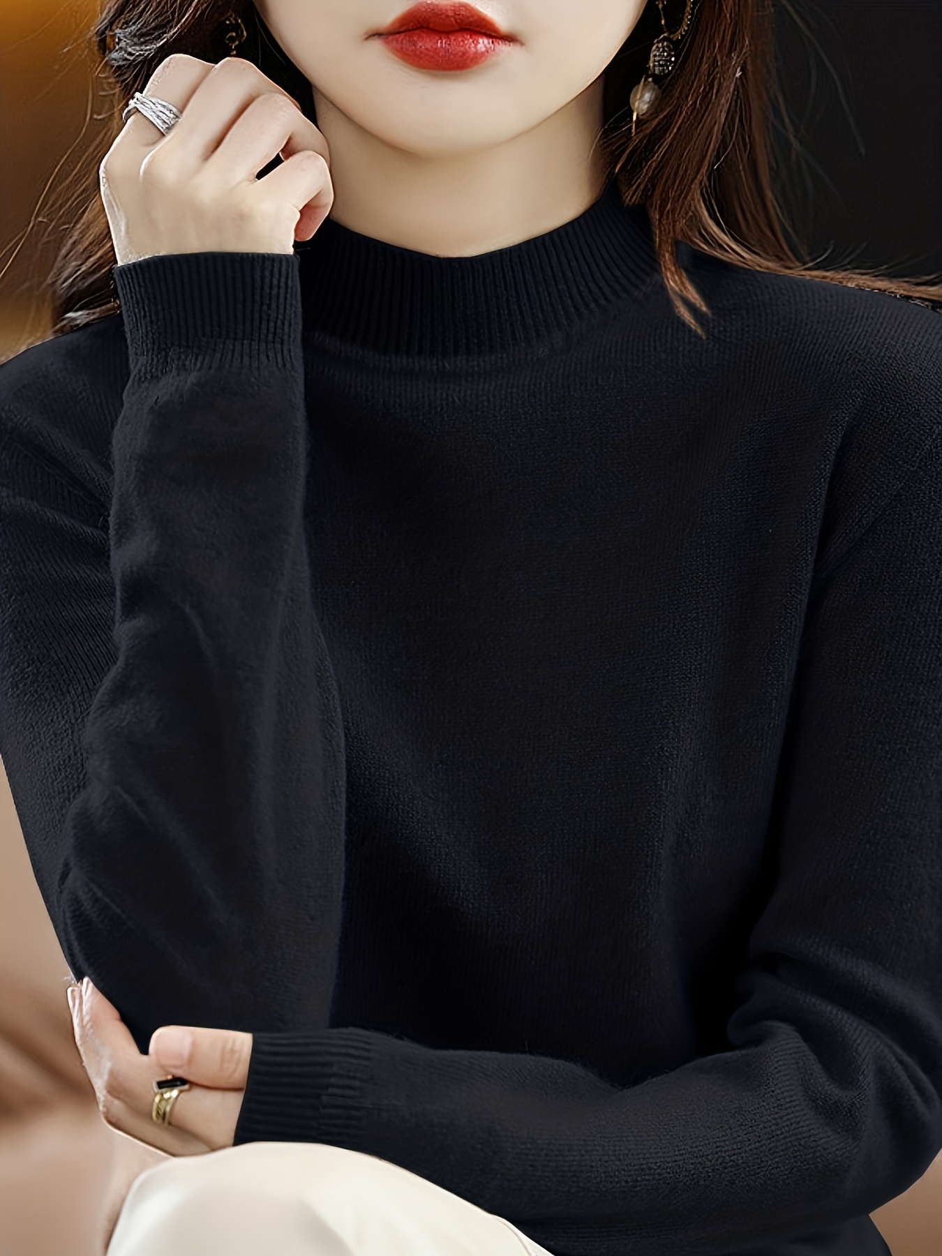 solid mock neck knit sweater casual long sleeve simple sweater womens clothing details 5