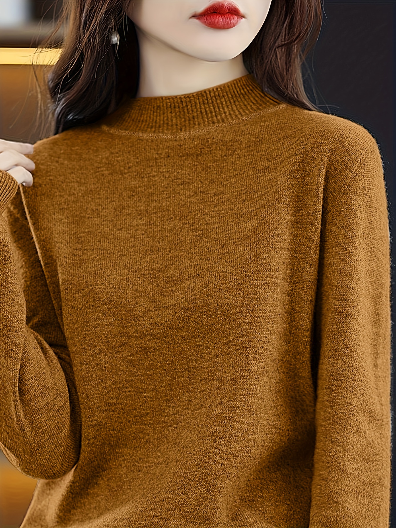 solid mock neck knit sweater casual long sleeve simple sweater womens clothing details 13