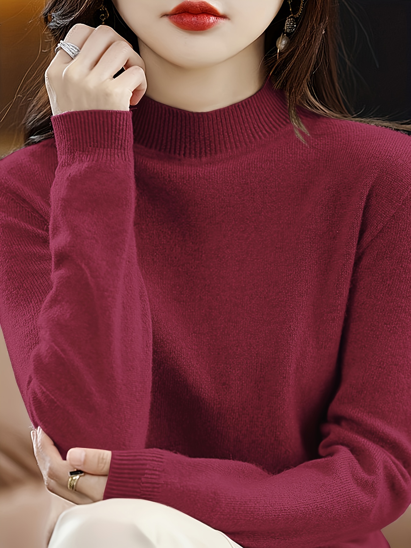 solid mock neck knit sweater casual long sleeve simple sweater womens clothing details 16