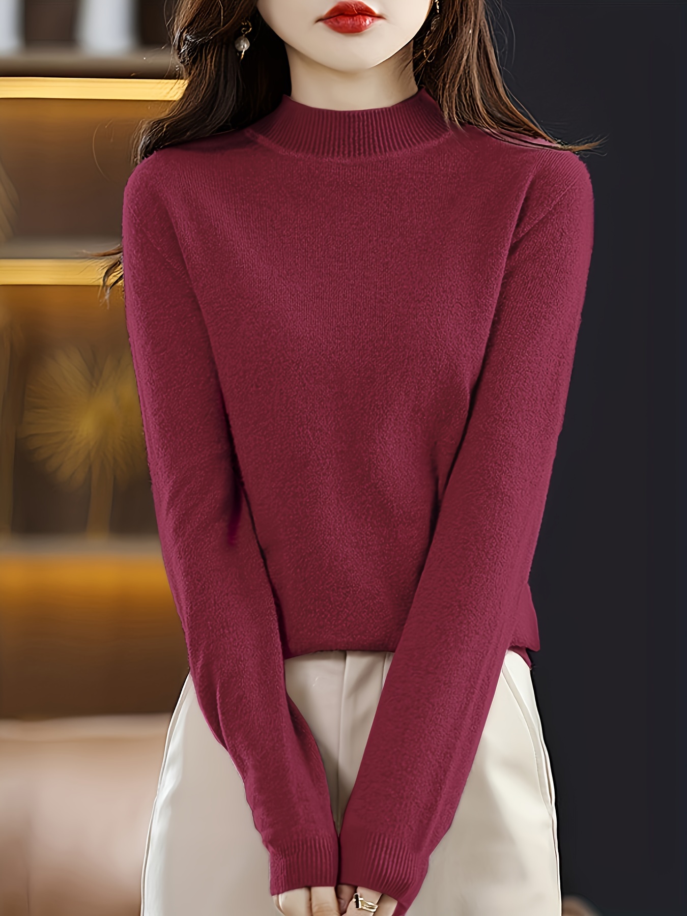 solid mock neck knit sweater casual long sleeve simple sweater womens clothing details 17