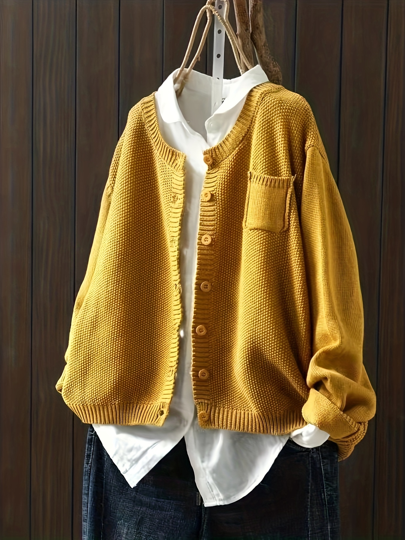 solid button down knit cardigan casual long sleeve loose sweater with pocket womens clothing details 1