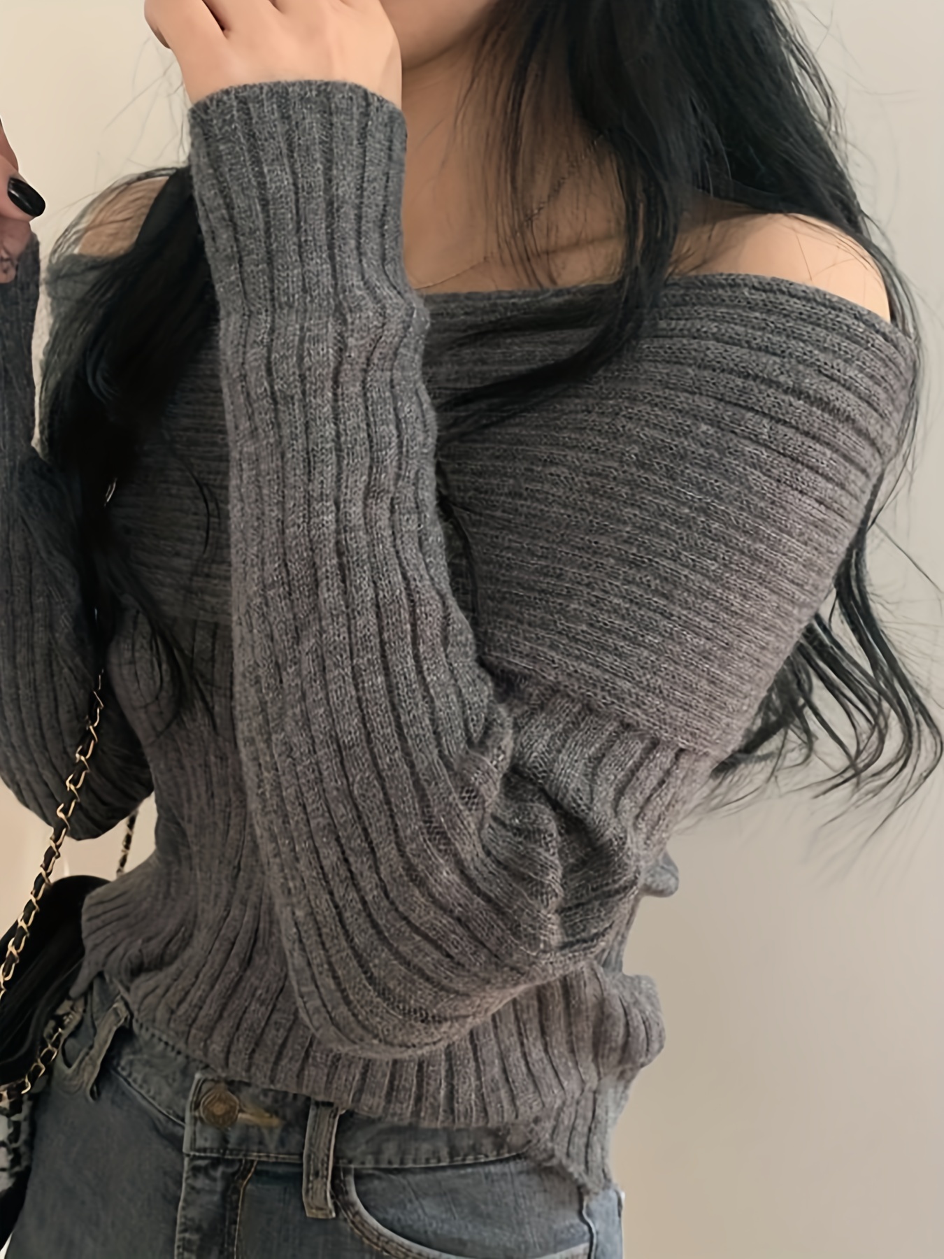 solid off shoulder pullover sweater casual long sleeve fashion sweater womens clothing details 5