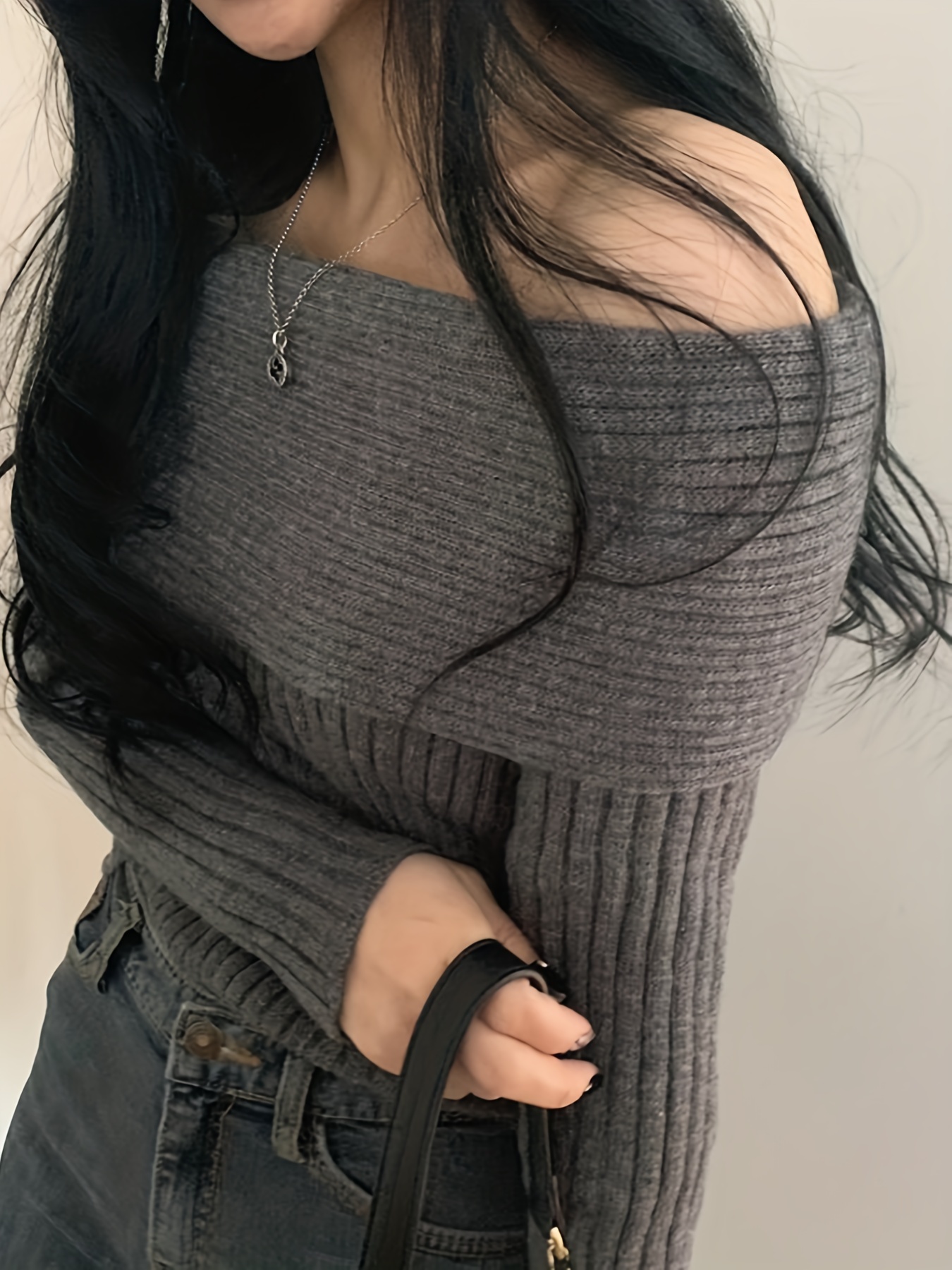 solid off shoulder pullover sweater casual long sleeve fashion sweater womens clothing details 7