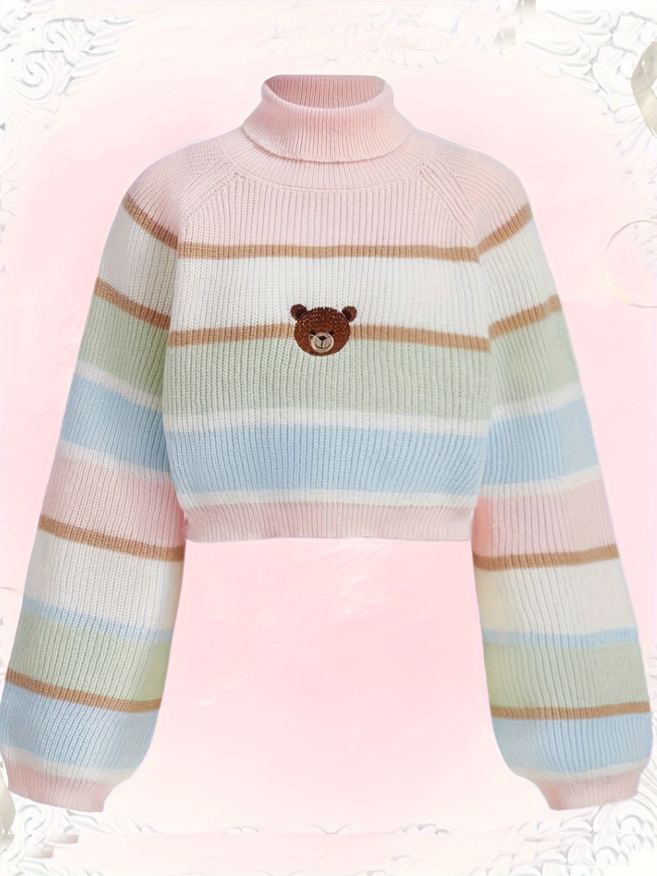 bear pattern striped pullover sweater cute turtle neck long sleeve crop sweater womens clothing details 5