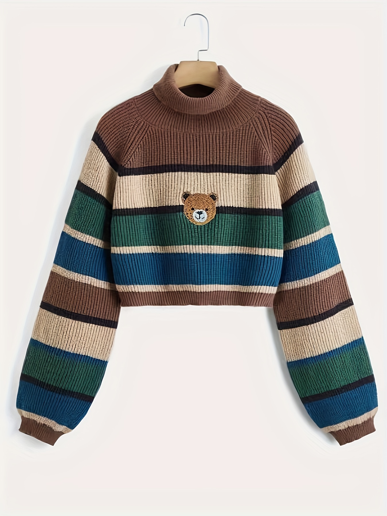 bear pattern striped pullover sweater cute turtle neck long sleeve crop sweater womens clothing details 11