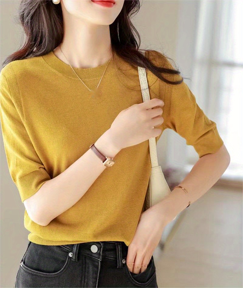 half sleeve knit swearter casual crew neck solid sweater for spring summer womens clothing details 0