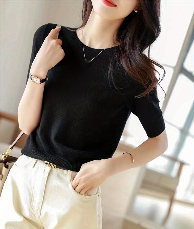 half sleeve knit swearter casual crew neck solid sweater for spring summer womens clothing details 6