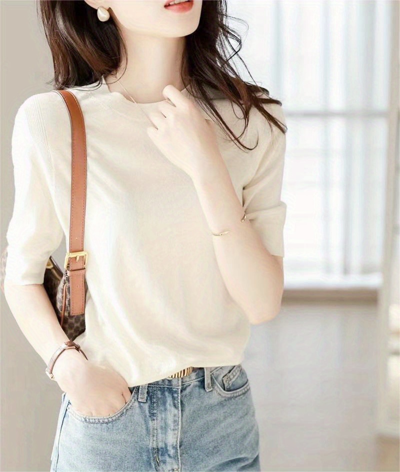 half sleeve knit swearter casual crew neck solid sweater for spring summer womens clothing details 11