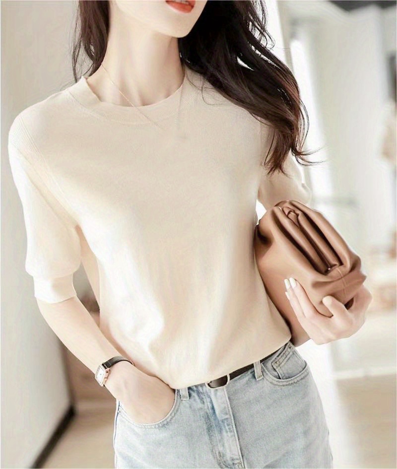 half sleeve knit swearter casual crew neck solid sweater for spring summer womens clothing details 12