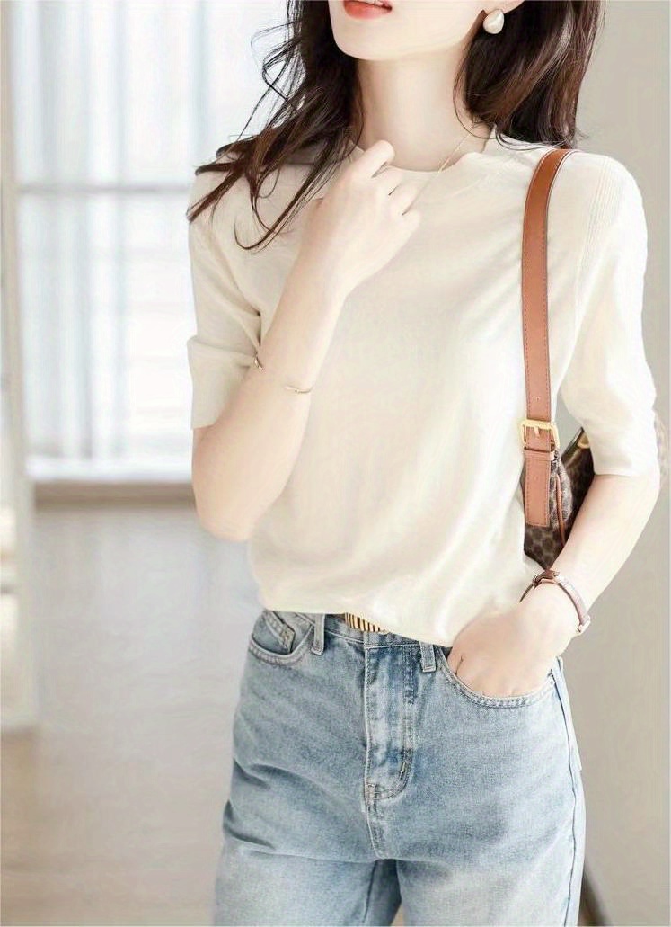 half sleeve knit swearter casual crew neck solid sweater for spring summer womens clothing details 14