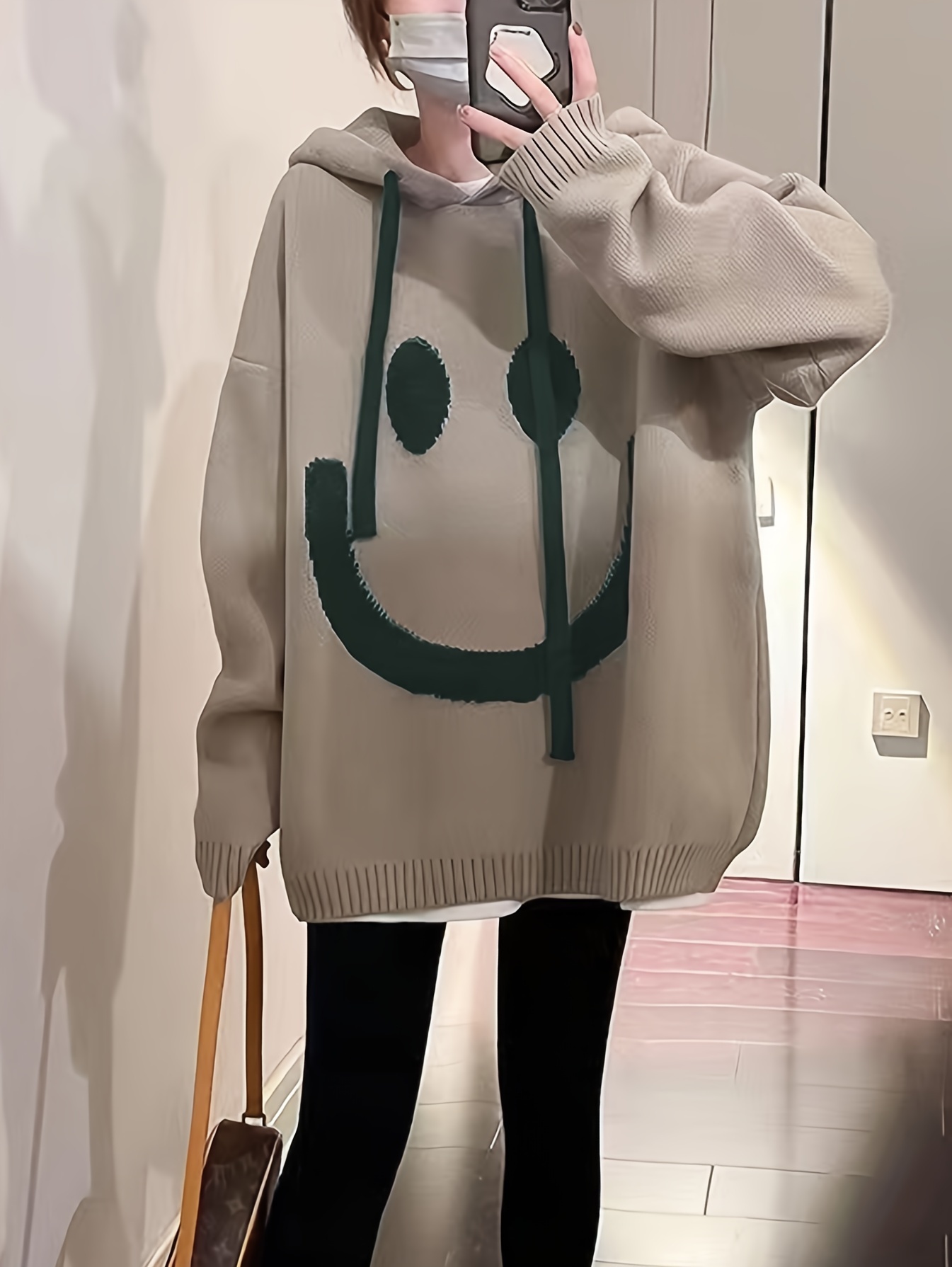 smile face pattern oversized hoodies casual drawstring long sleeve sweater womens clothing details 2