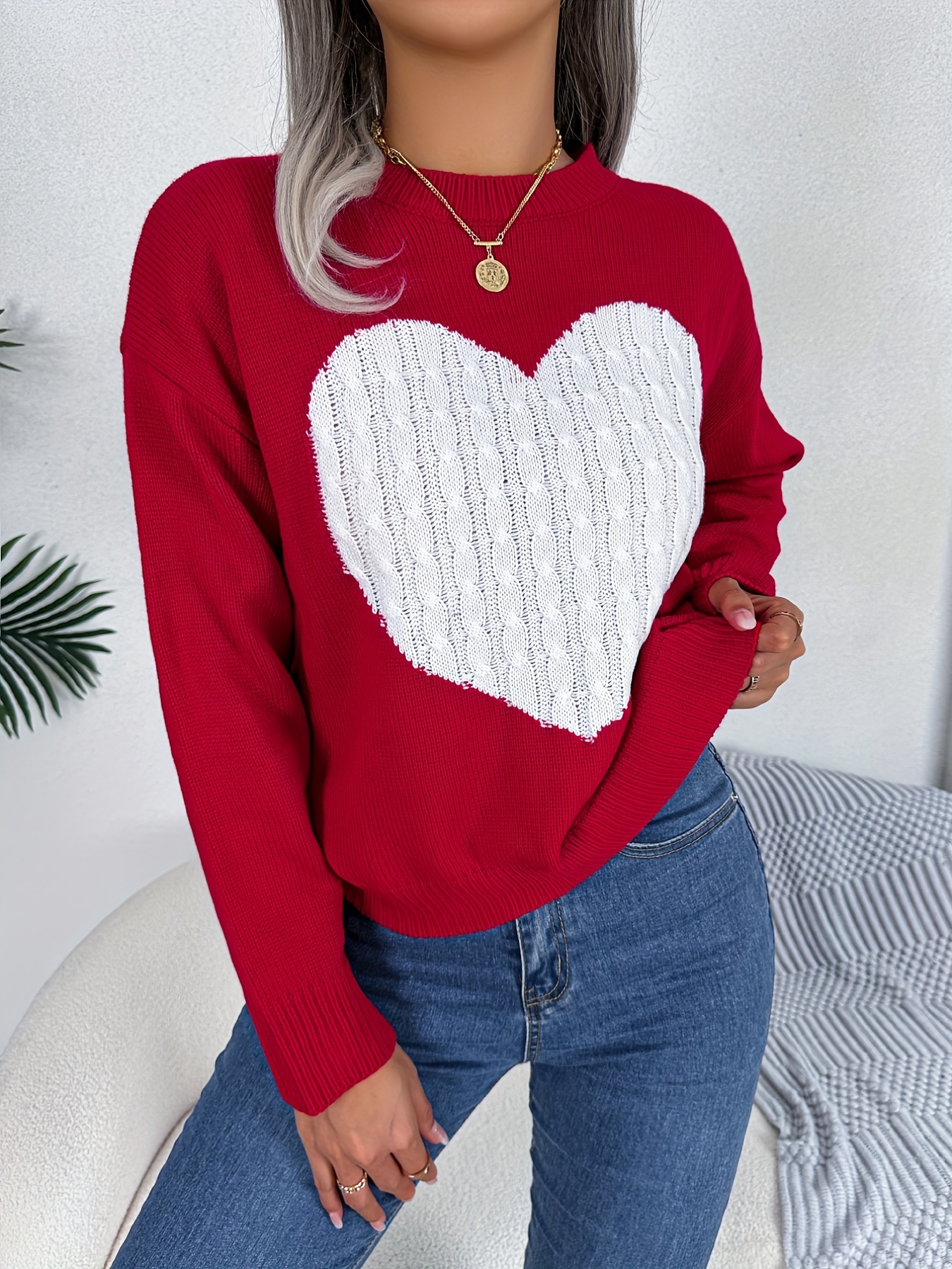 twist heart knitted pullover sweater casual long sleeve sweater for fall winter womens clothing details 0