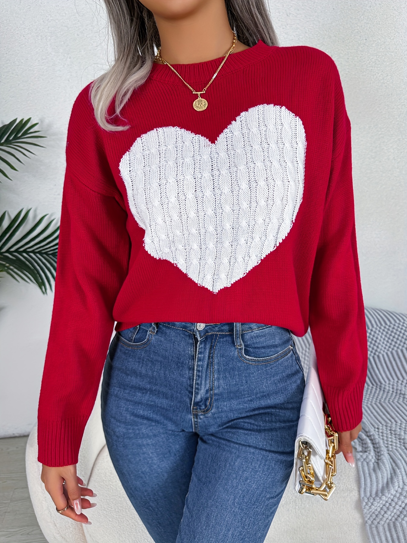 twist heart knitted pullover sweater casual long sleeve sweater for fall winter womens clothing details 5